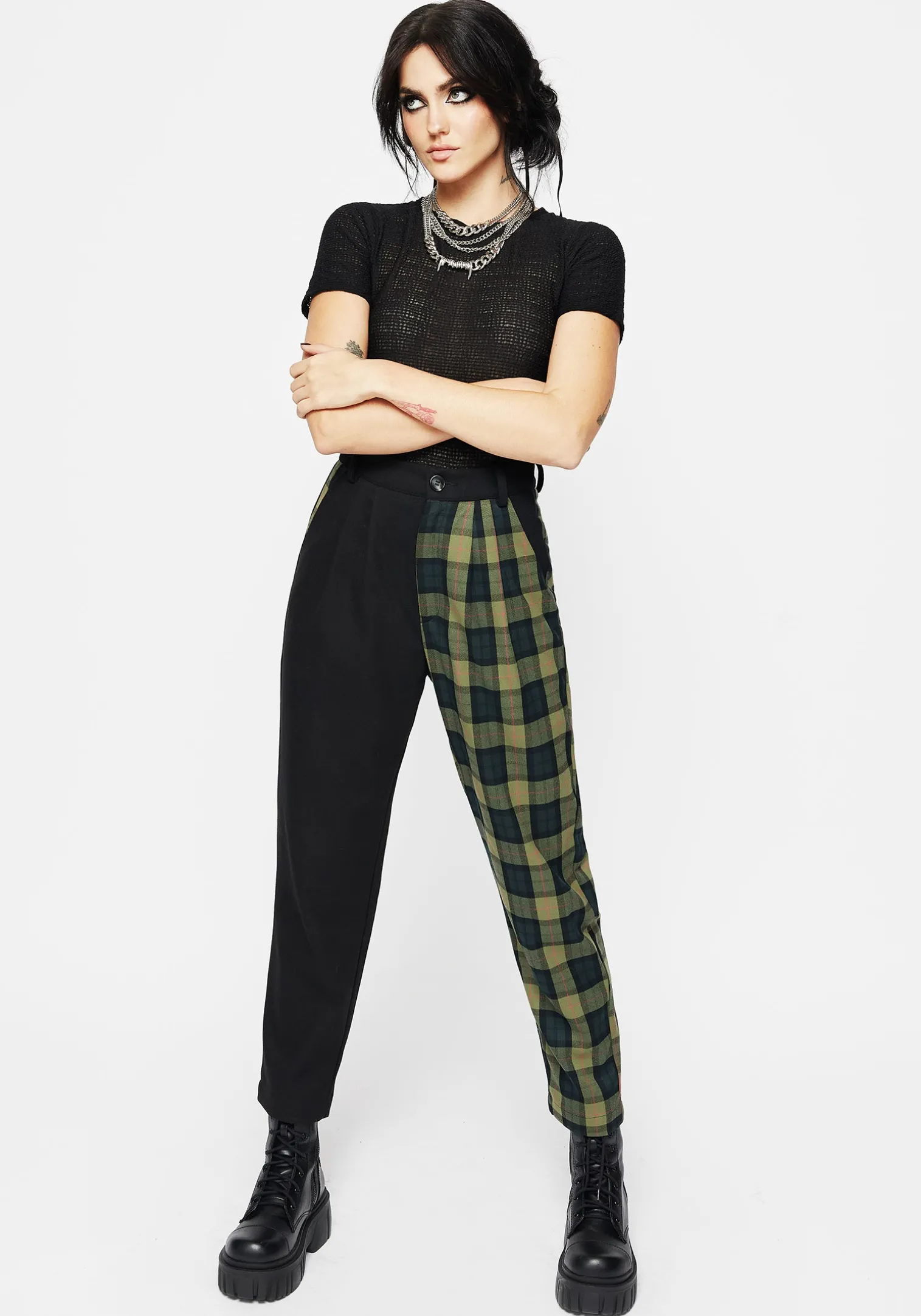 Mayflower Spliced Check High Waist Tapered Trousers