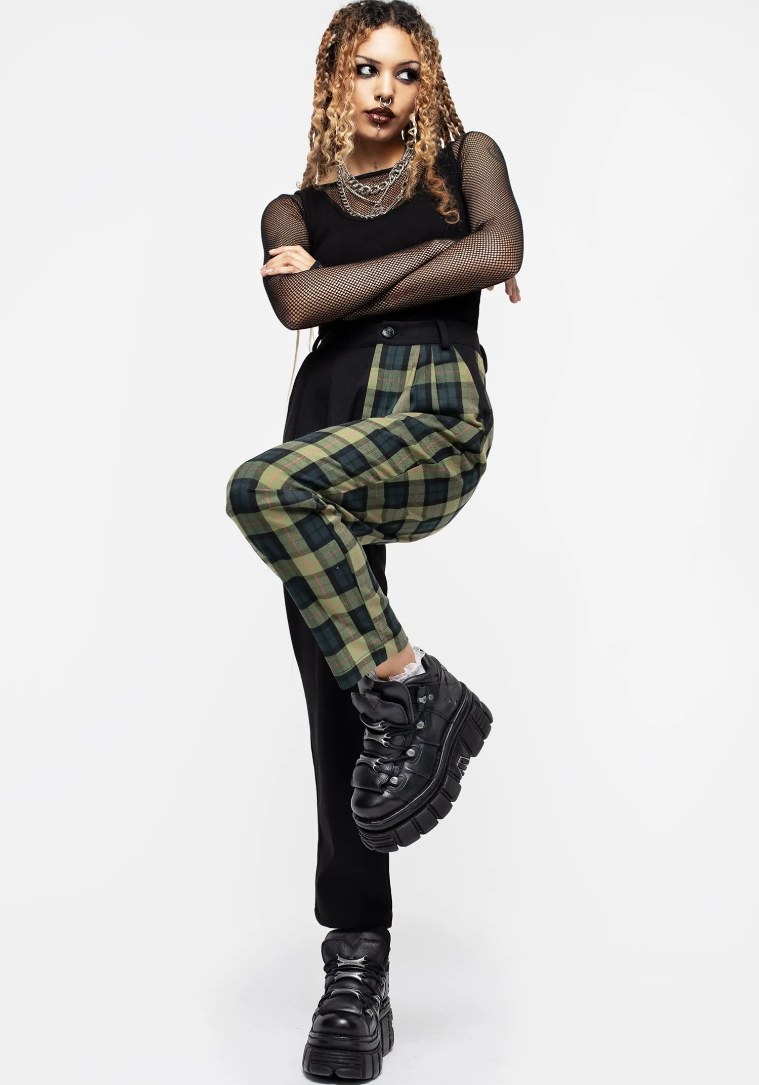 Mayflower Spliced Check High Waist Tapered Trousers