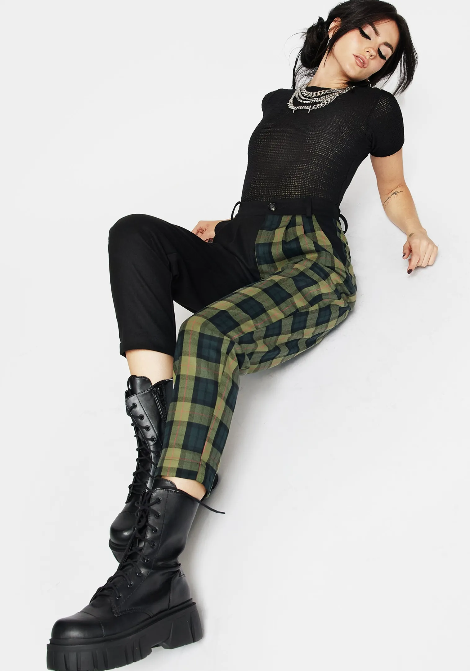 Mayflower Spliced Check High Waist Tapered Trousers