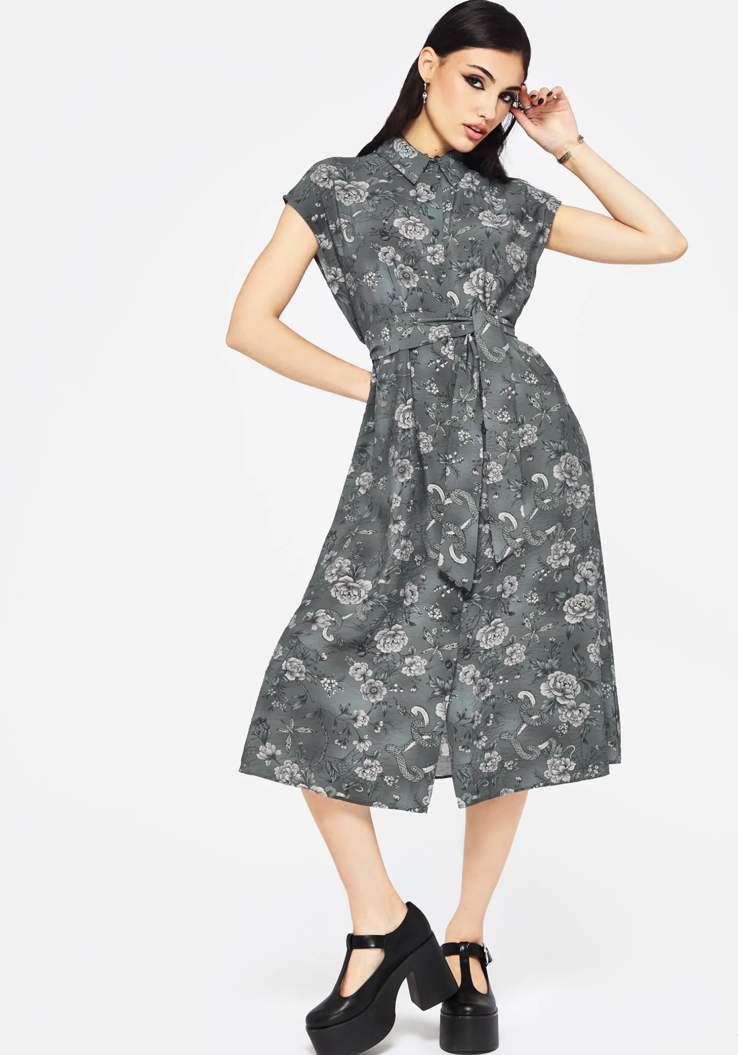 Meadow Floral Serpent Print Midi Shirt Dress