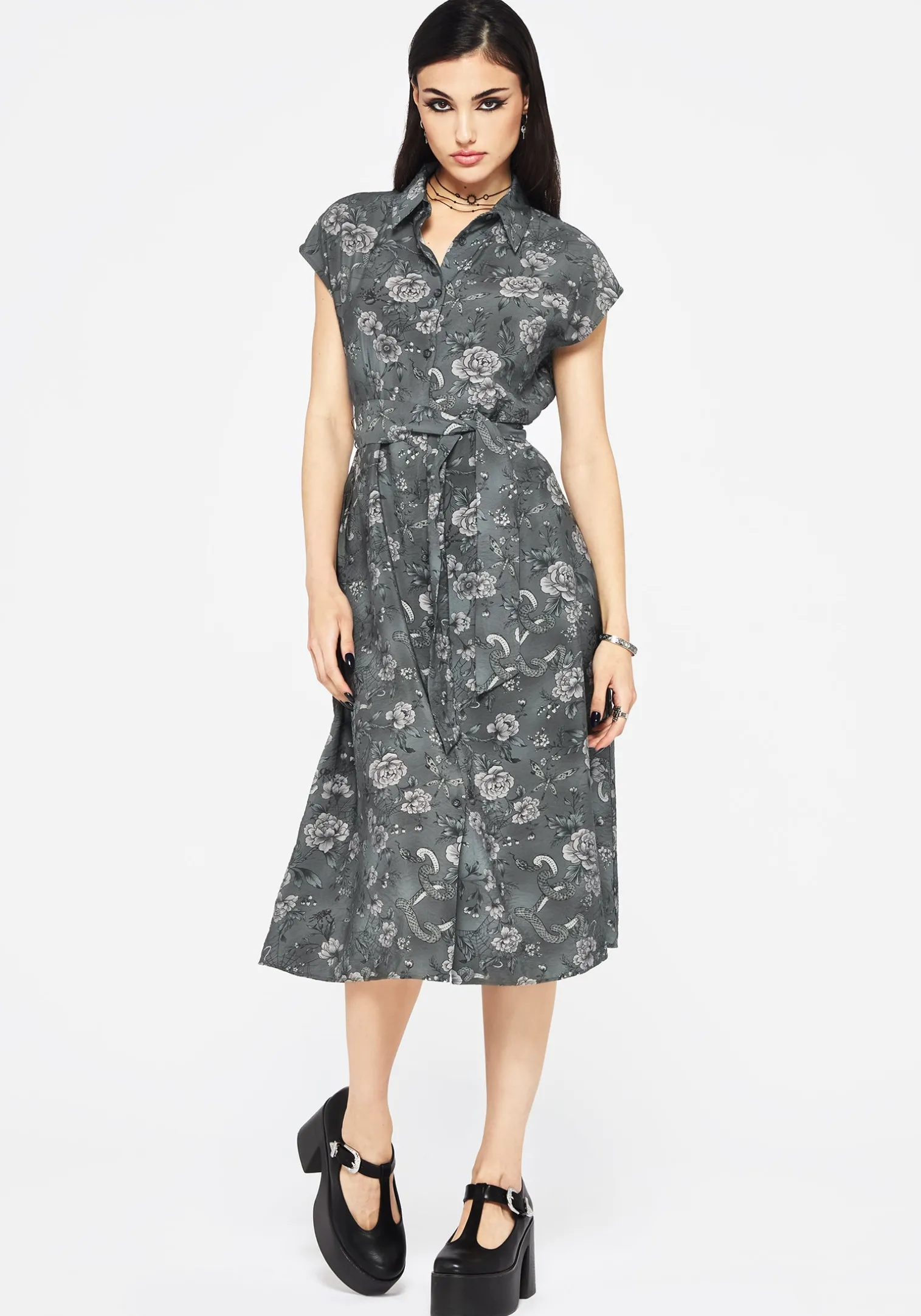 Meadow Floral Serpent Print Midi Shirt Dress