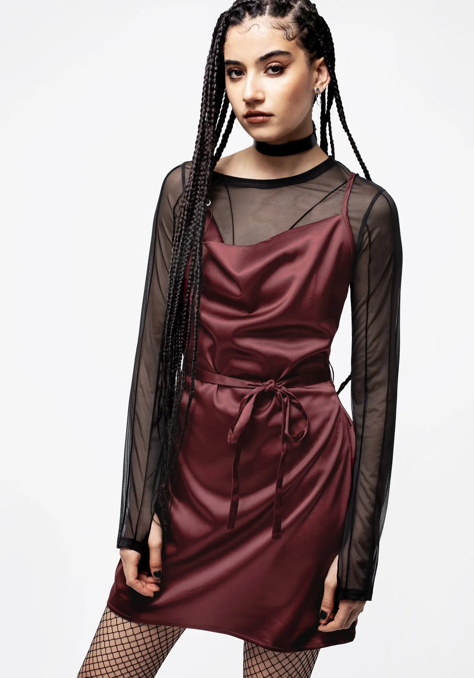 Medeina Cowl Neck Belted Satin Mini Dress - Red