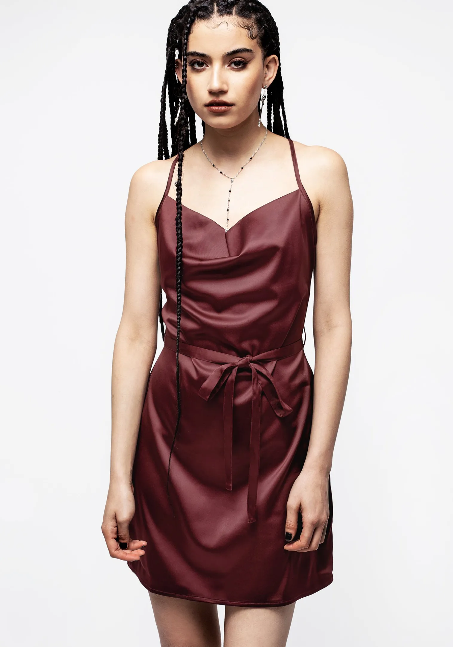 Medeina Cowl Neck Belted Satin Mini Dress - Red