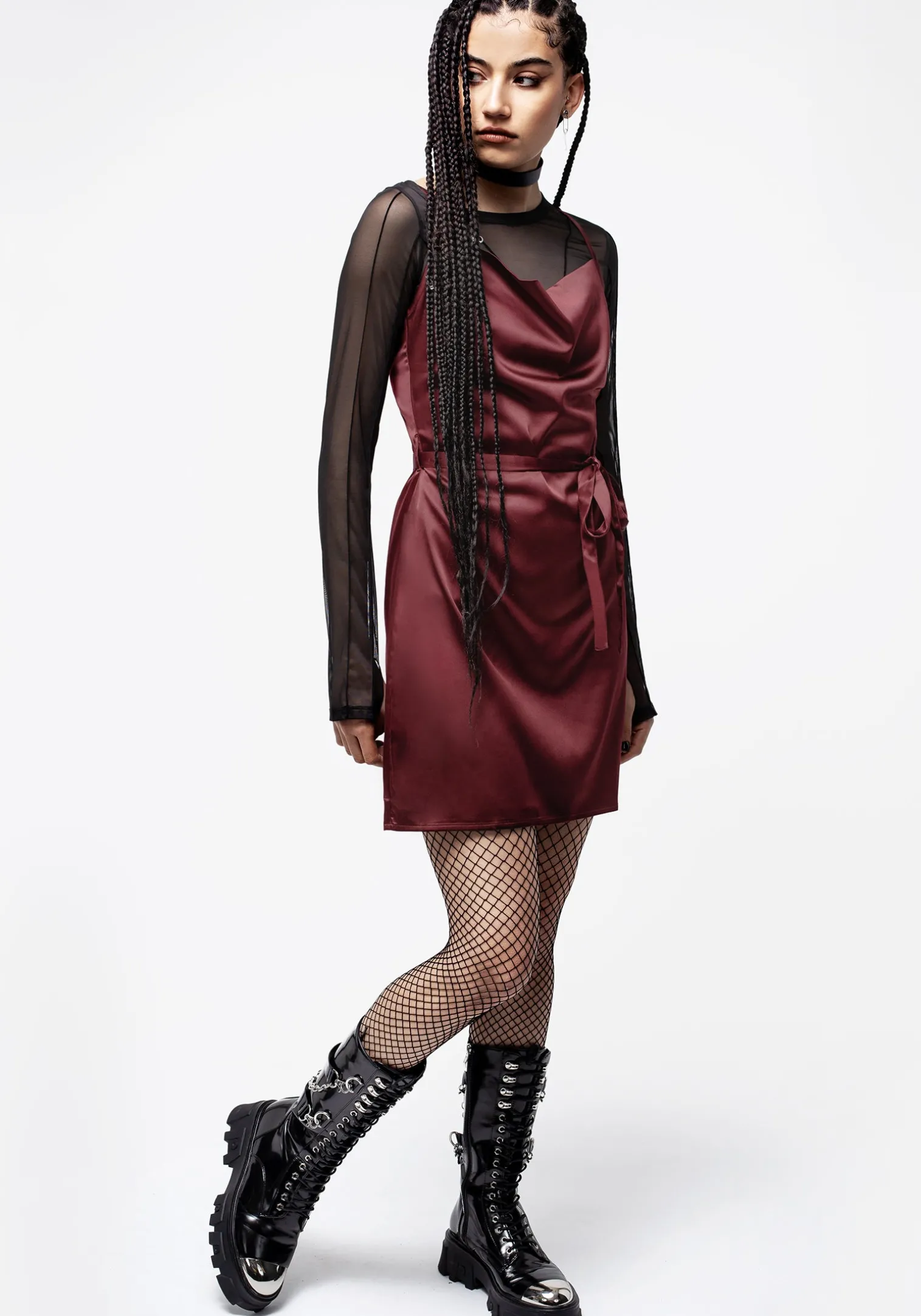 Medeina Cowl Neck Belted Satin Mini Dress - Red