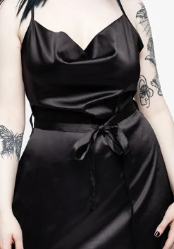 Medeina Cowl Neck Belted Satin Mini Dress - Midnight Black
