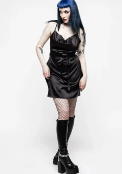 Medeina Cowl Neck Belted Satin Mini Dress - Midnight Black