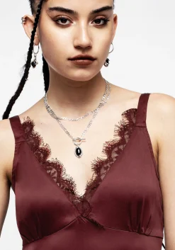 Medeina Lace Trim Satin Midi Slip Dress - Red
