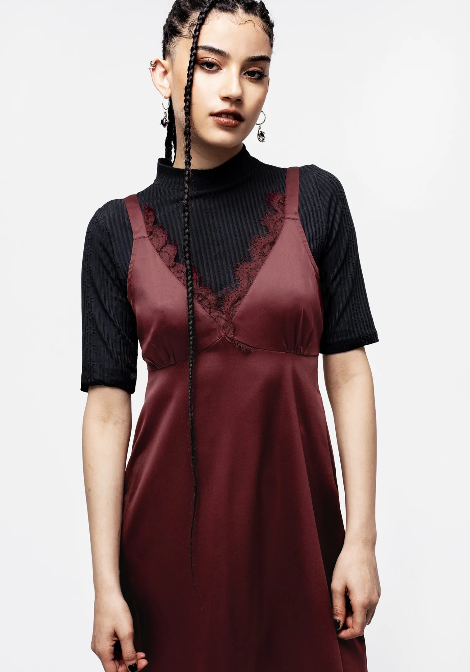 Medeina Lace Trim Satin Midi Slip Dress - Red
