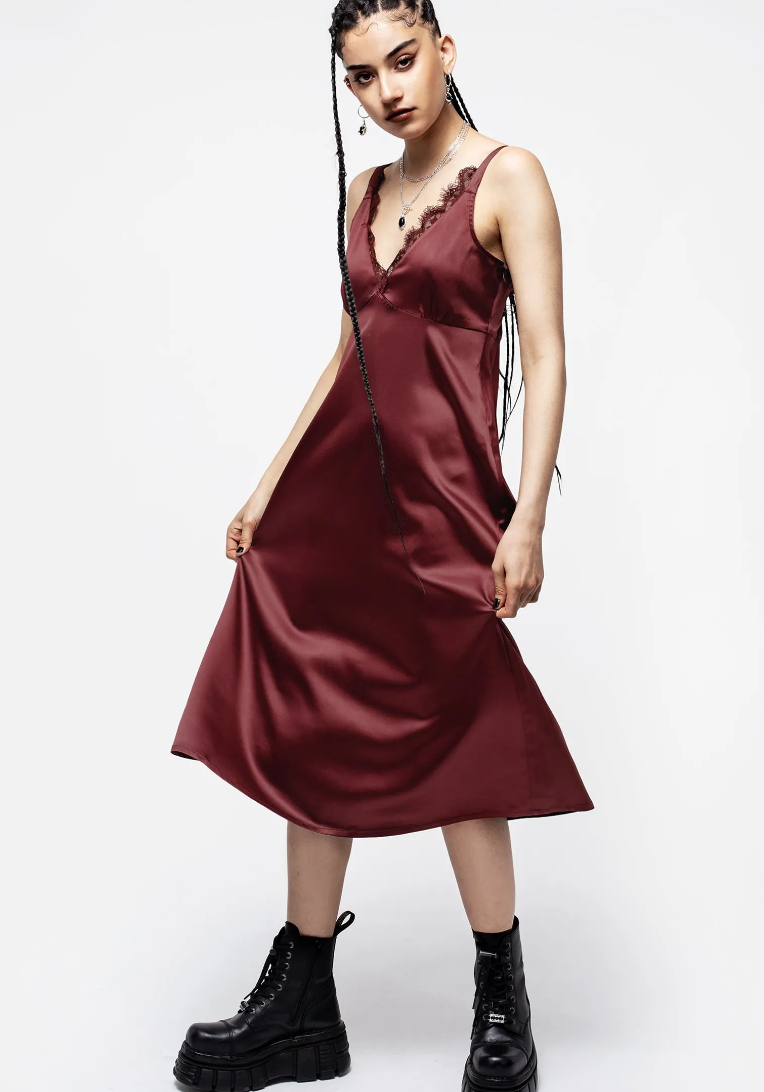 Medeina Lace Trim Satin Midi Slip Dress - Red