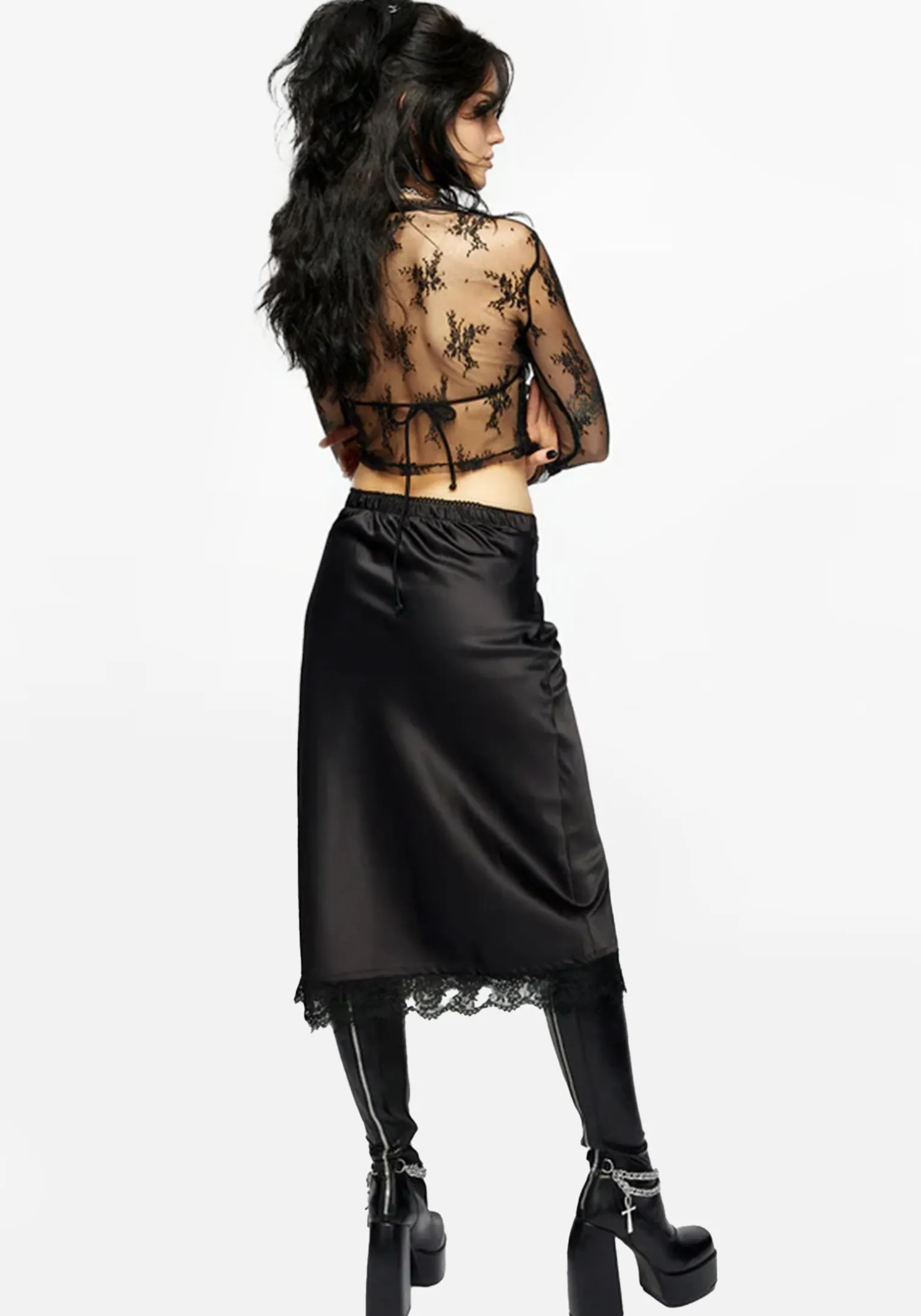 Medeina Lace Trim Satin Midi Skirt - Midnight Black