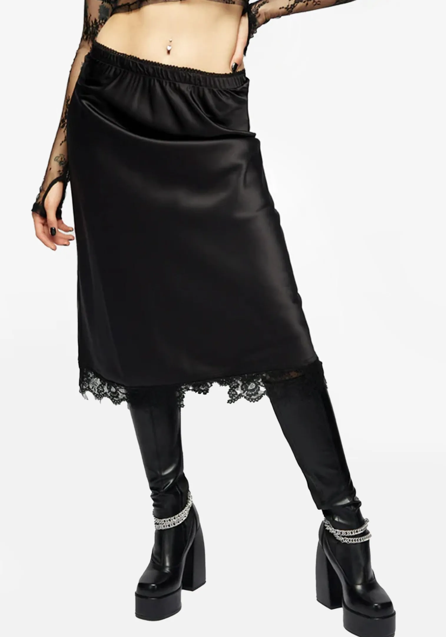 Medeina Lace Trim Satin Midi Skirt - Midnight Black