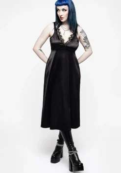 Medeina Lace Trim Satin Midi Slip Dress - Midnight Black