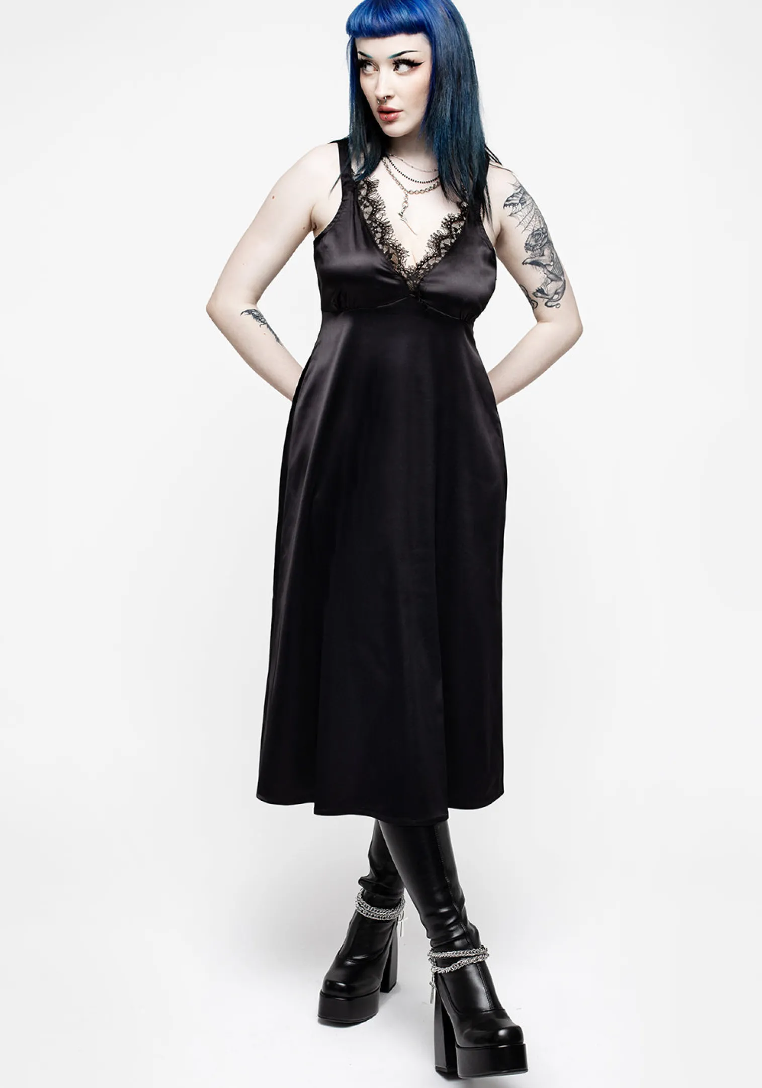 Medeina Lace Trim Satin Midi Slip Dress - Midnight Black