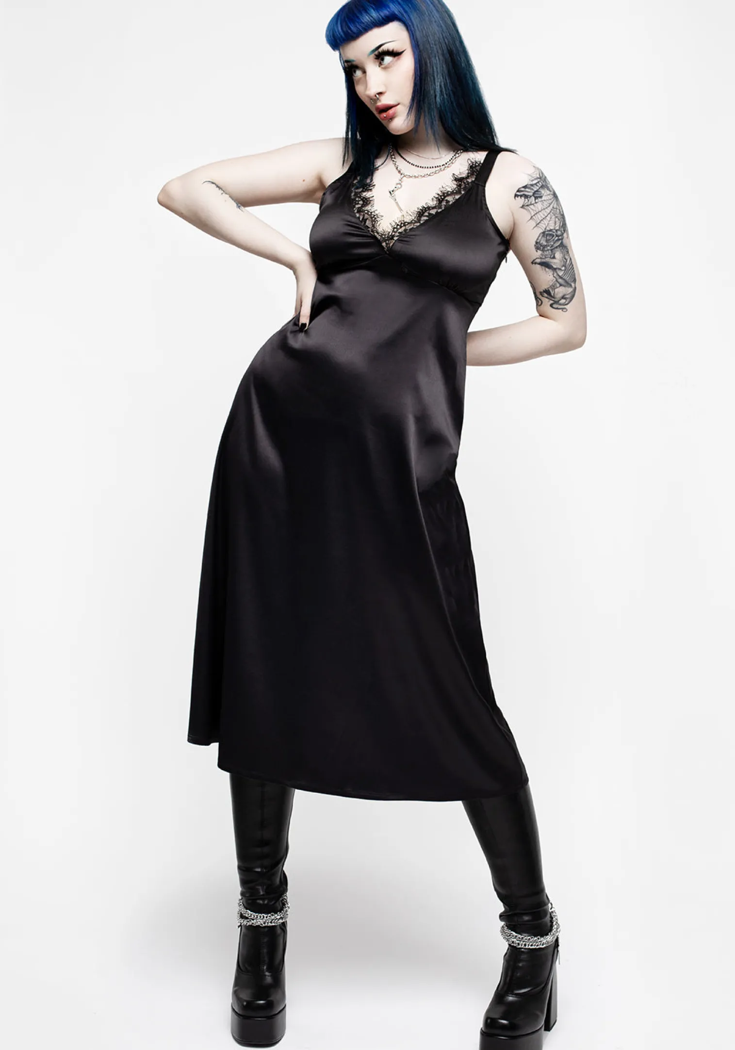 Medeina Lace Trim Satin Midi Slip Dress - Midnight Black