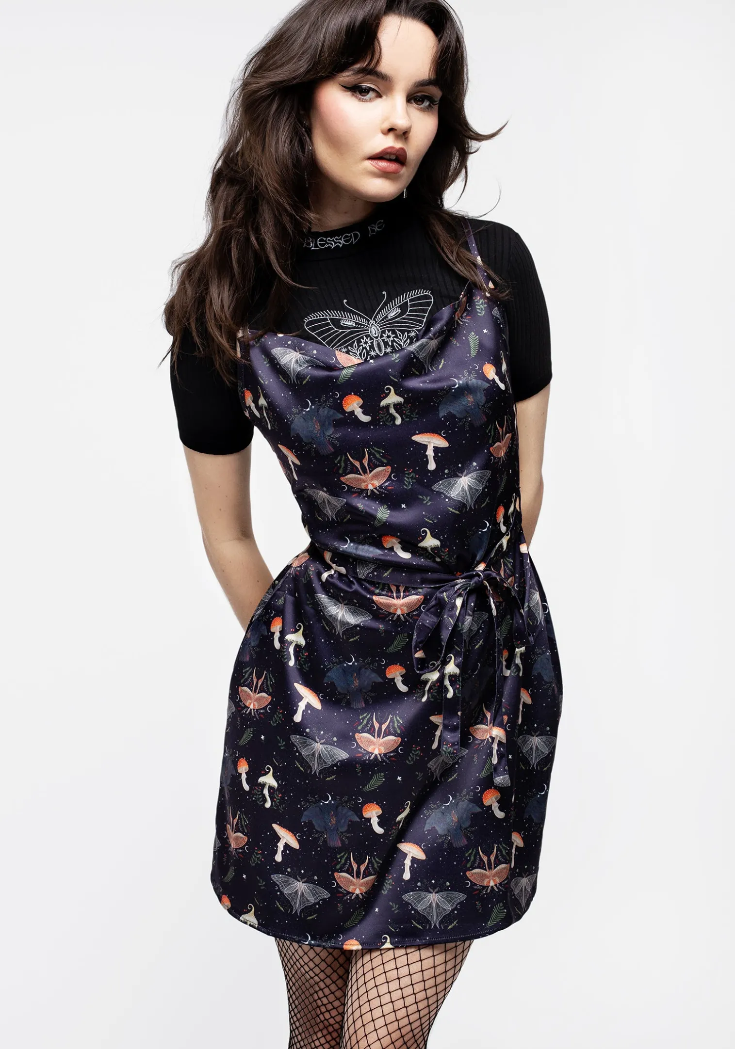 Medeina Print Cowl Neck Belted Satin Mini Dress