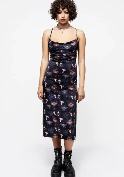 Medeina Print Cowl Neck Satin Midi Slip Dress