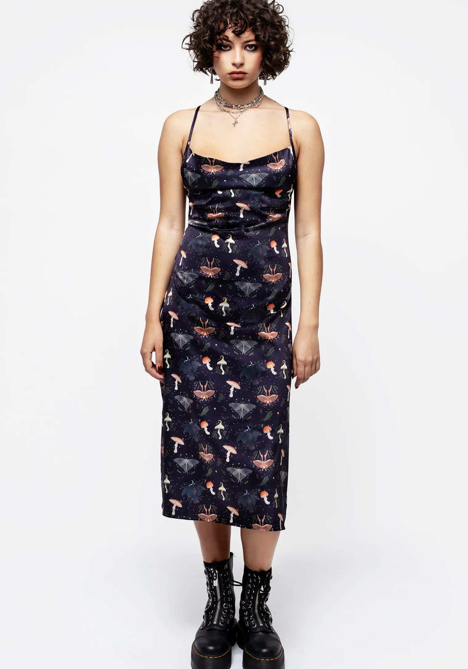 Medeina Print Cowl Neck Satin Midi Slip Dress