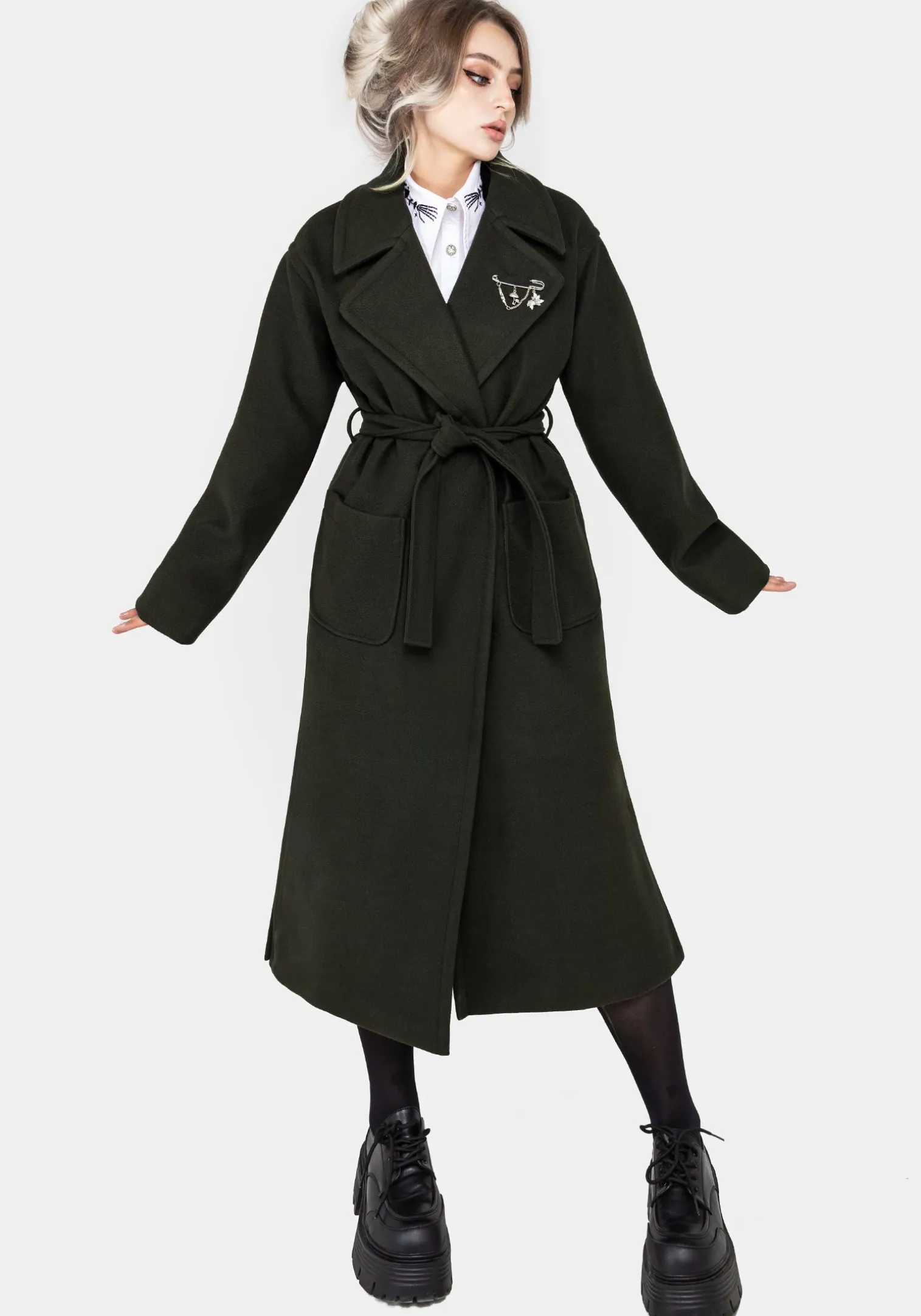 Meltdown Oversized Coat with Brooch - Green