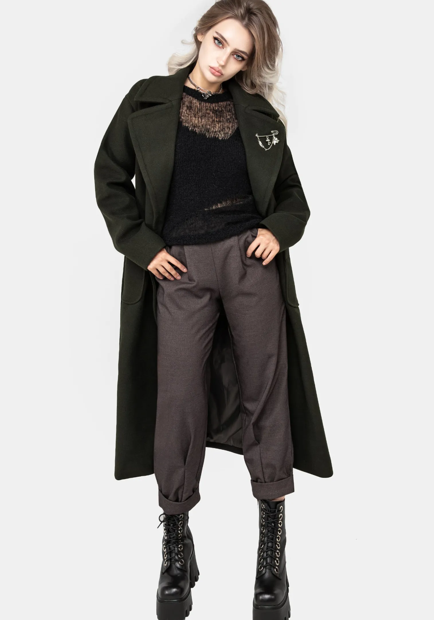 Meltdown Oversized Coat with Brooch - Green