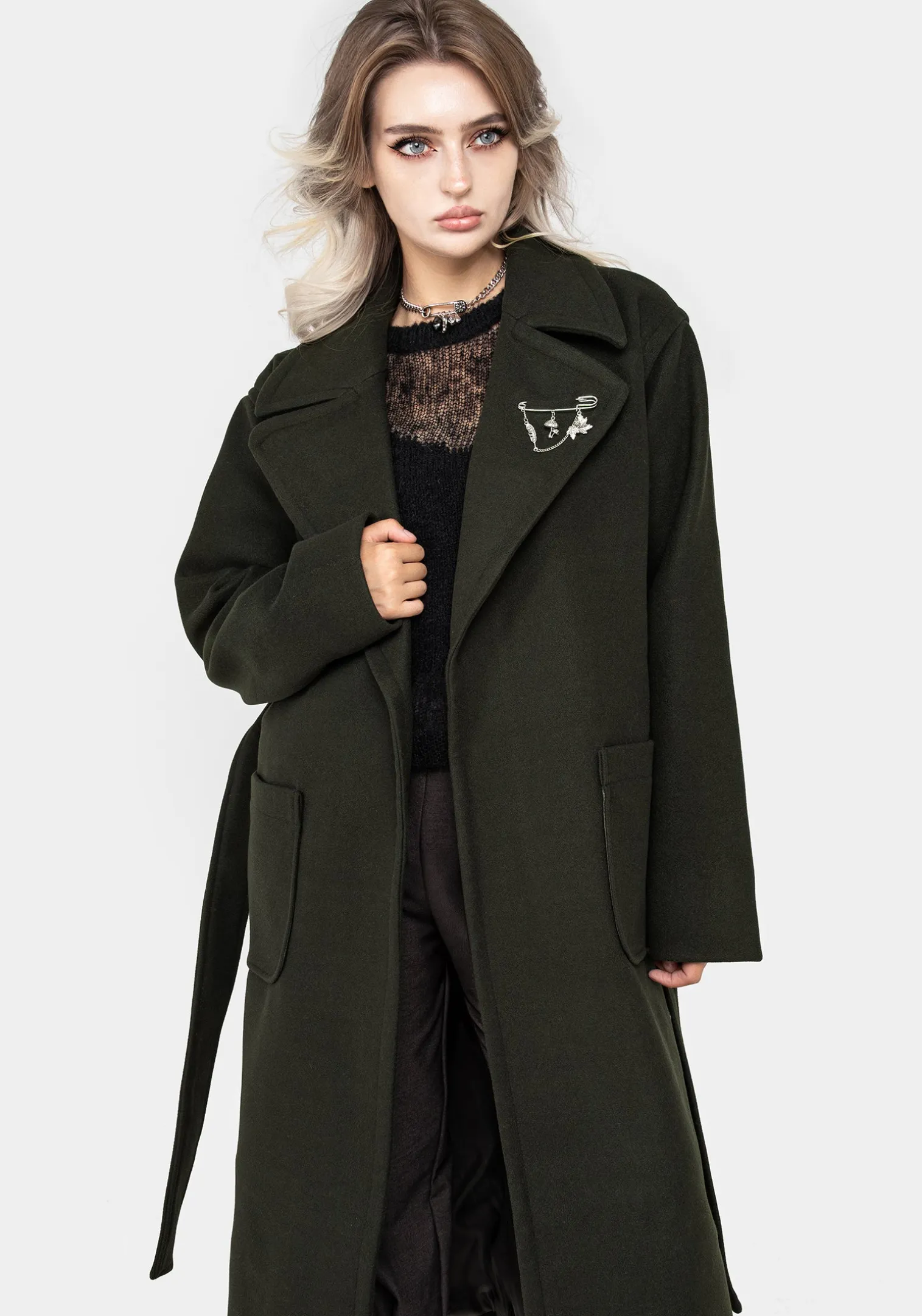 Meltdown Oversized Coat with Brooch - Green