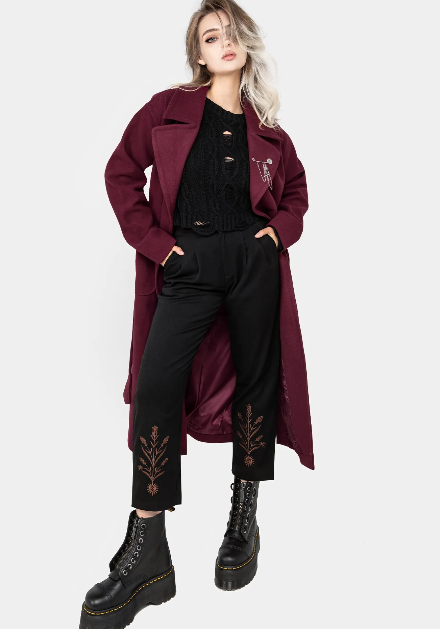Meltdown Oversized Coat with Brooch - Red