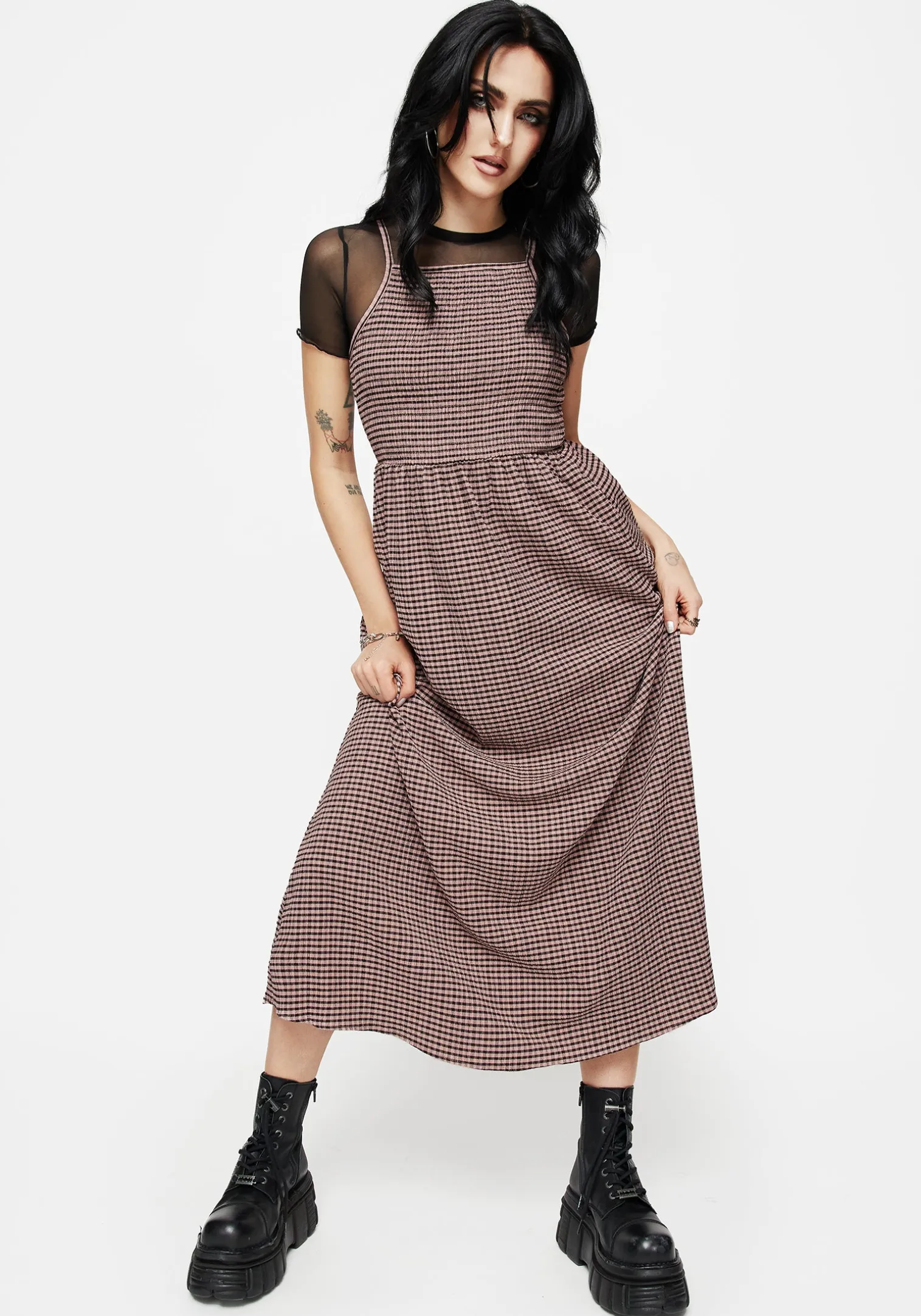 Midora Crinkle Check Racerback Midaxi Dress