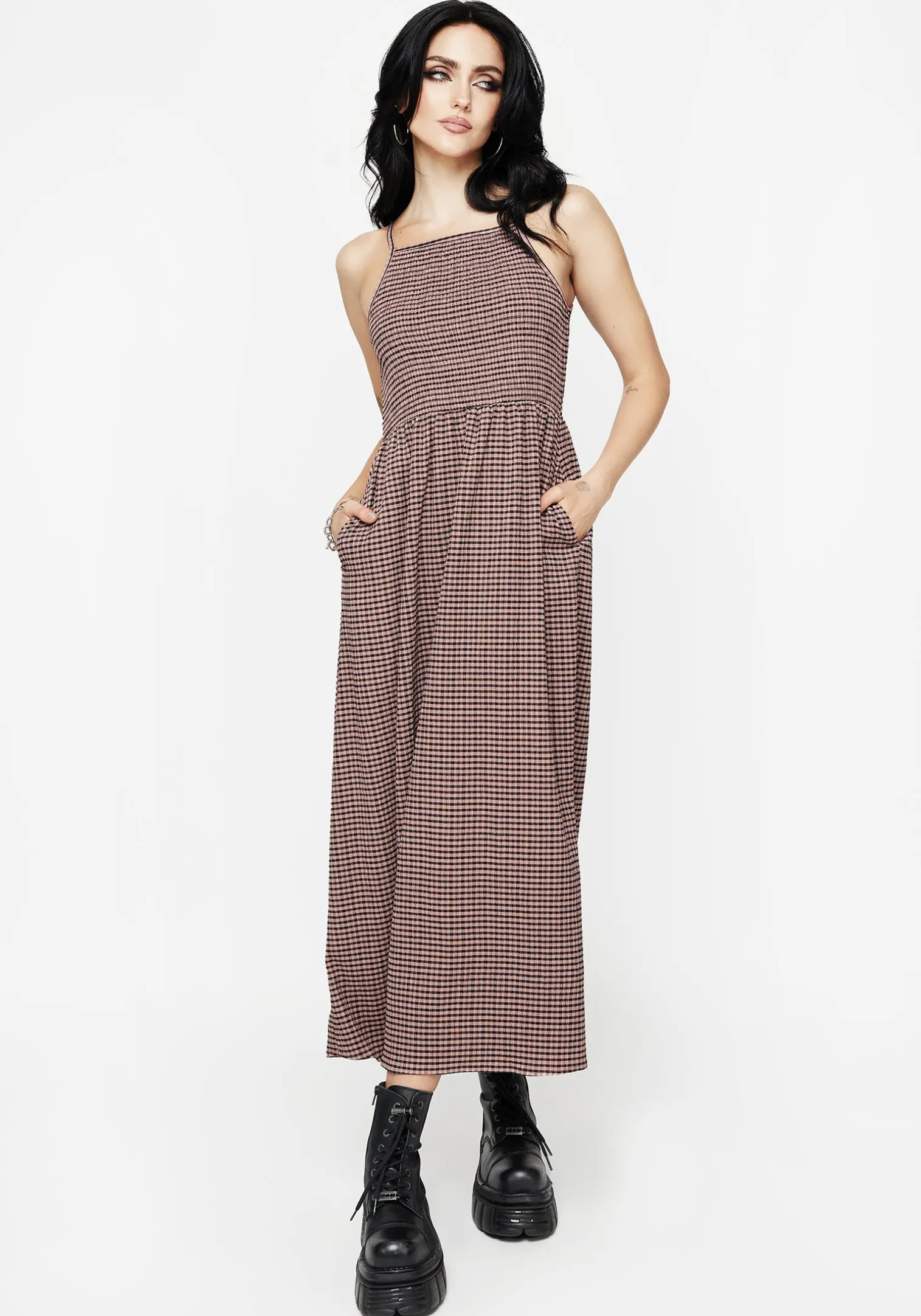 Midora Crinkle Check Racerback Midaxi Dress