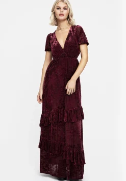 Monotropa Floral Flocked Velour Frill Midaxi Dress