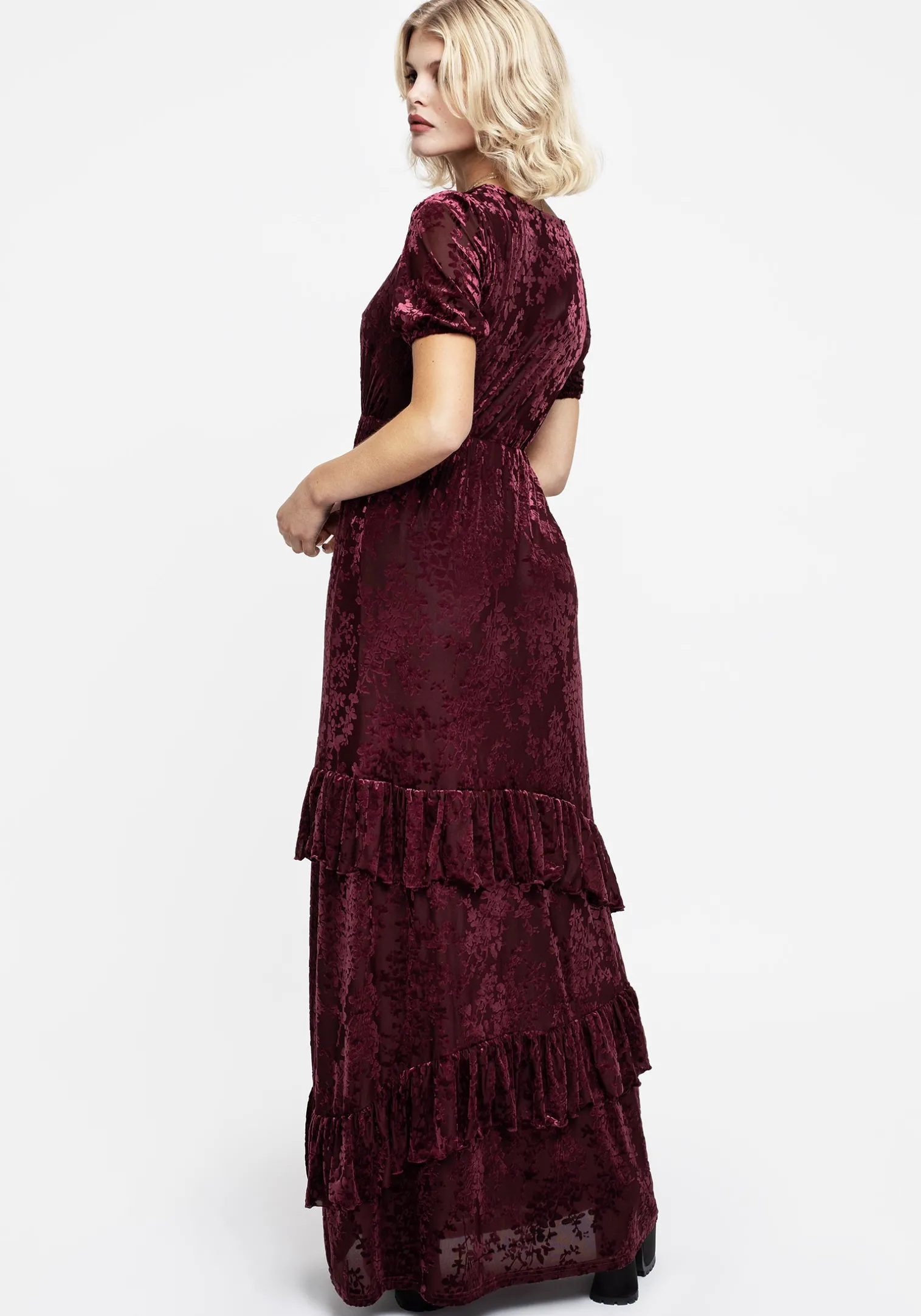 Monotropa Floral Flocked Velour Frill Midaxi Dress