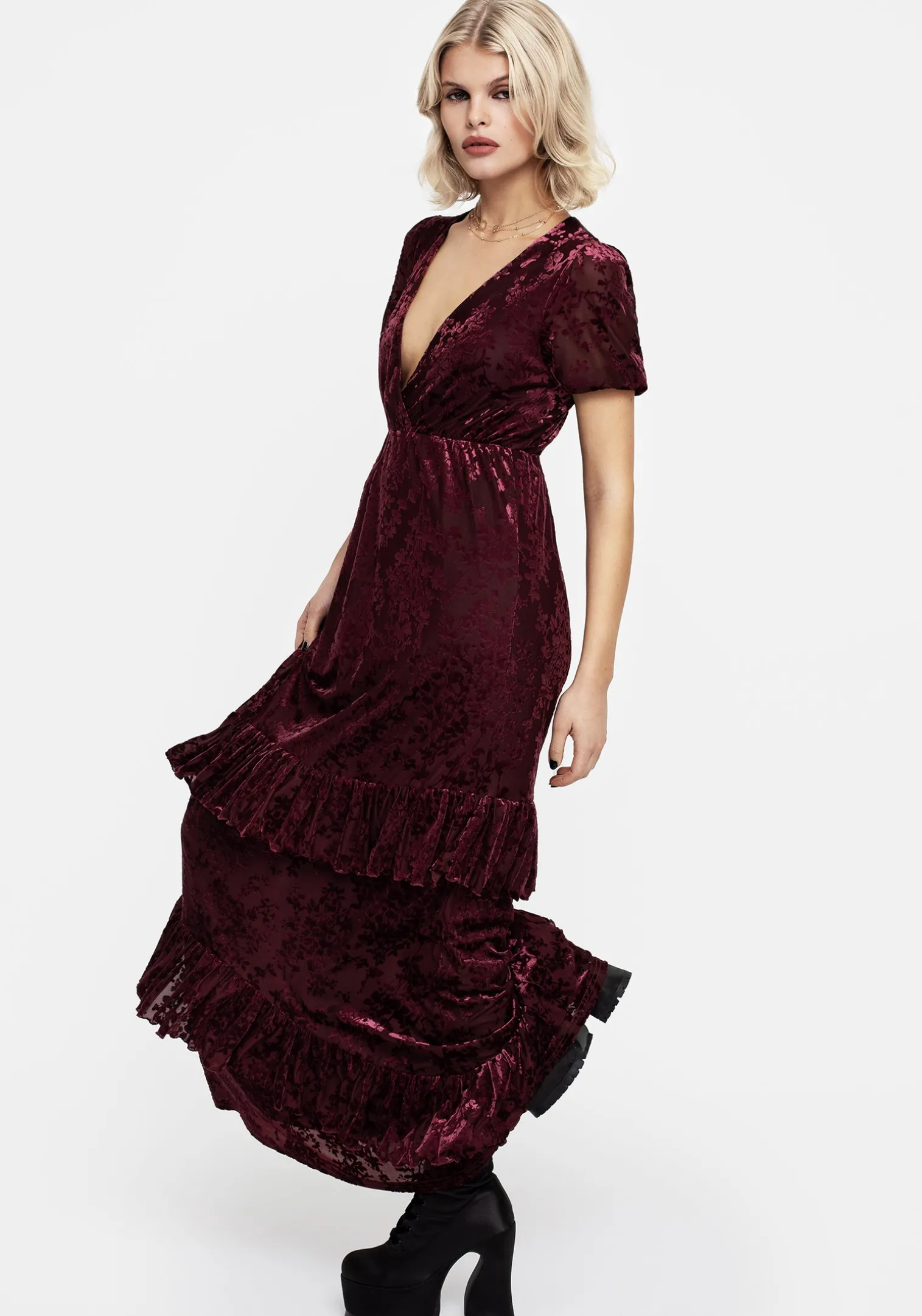 Monotropa Floral Flocked Velour Frill Midaxi Dress