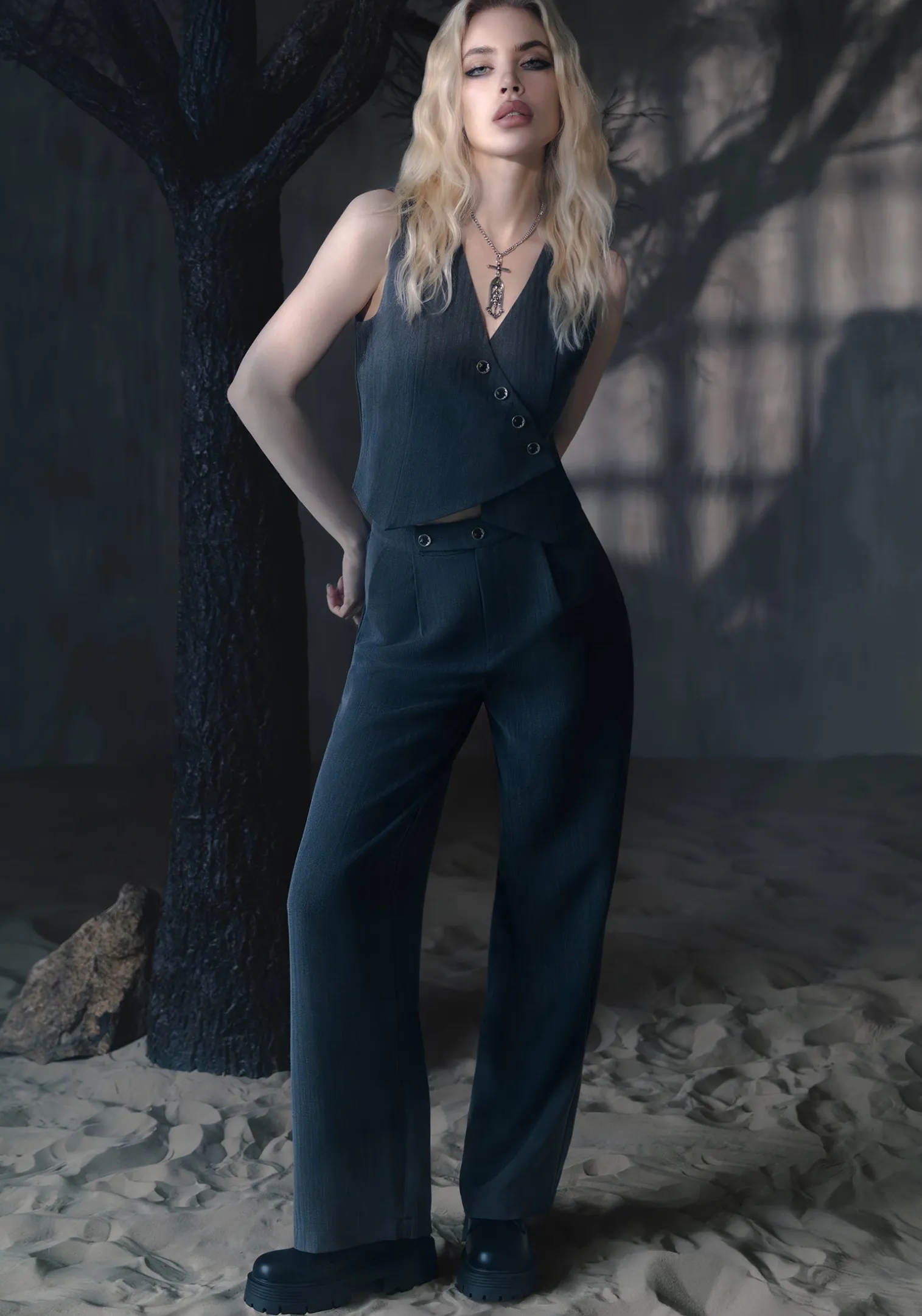 Moonage Herringbone Tailored Trousers - Grey