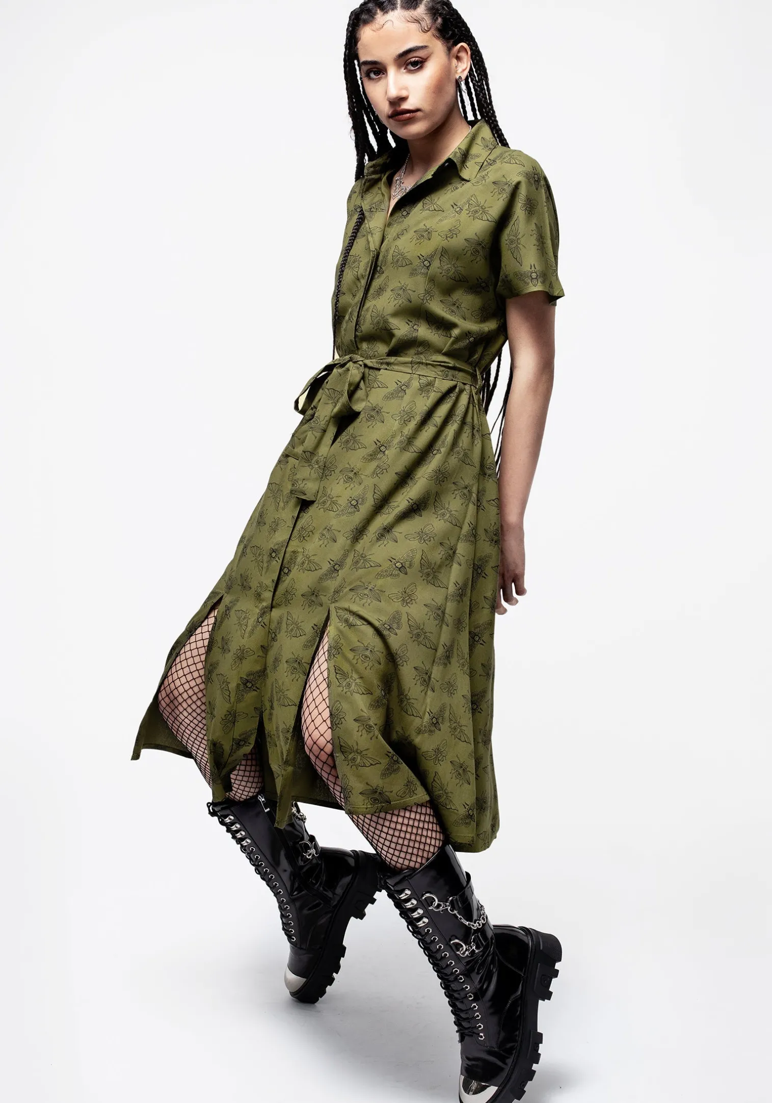Mortmoth Print Midi Shirt Dress - Green