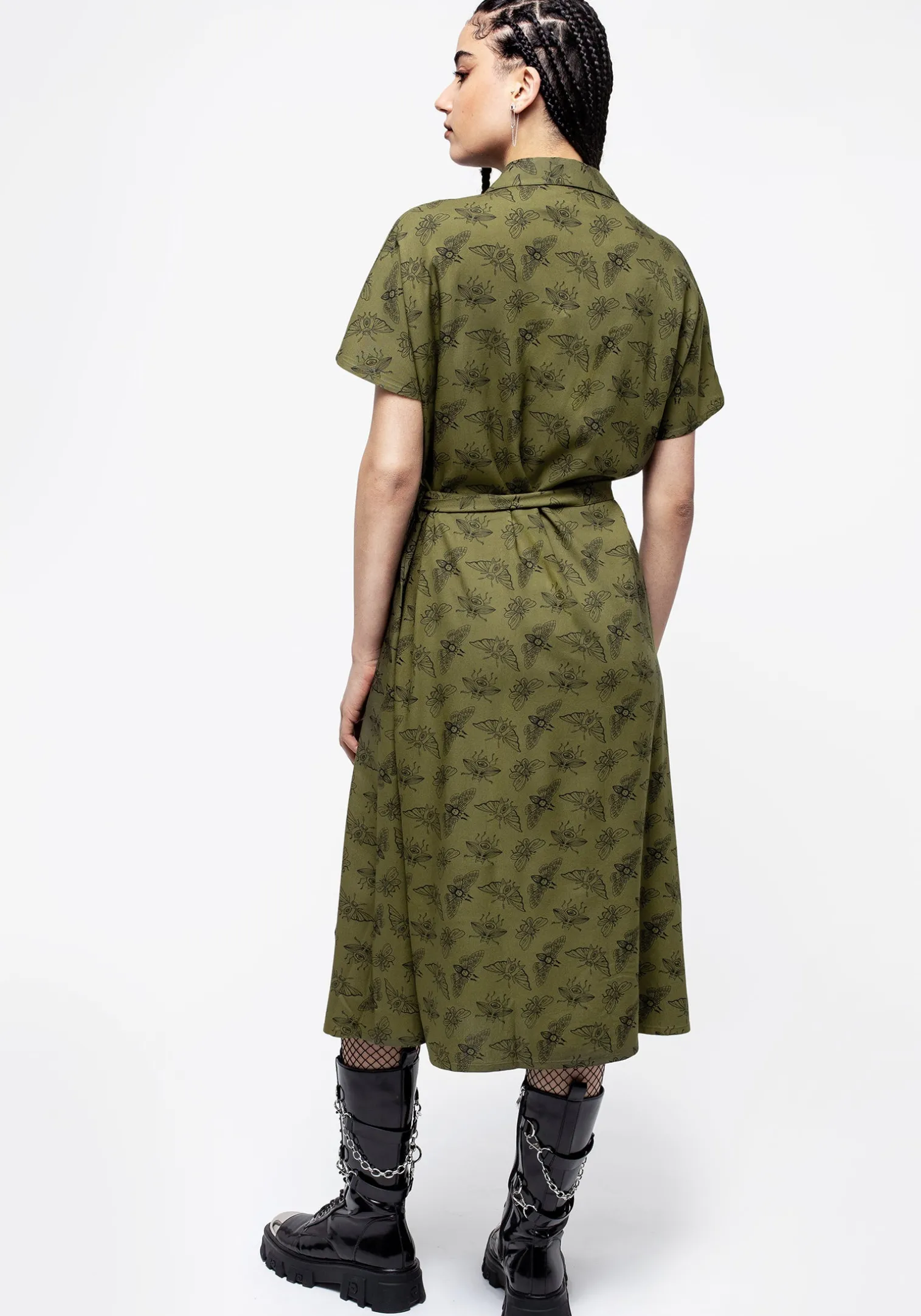 Mortmoth Print Midi Shirt Dress - Green