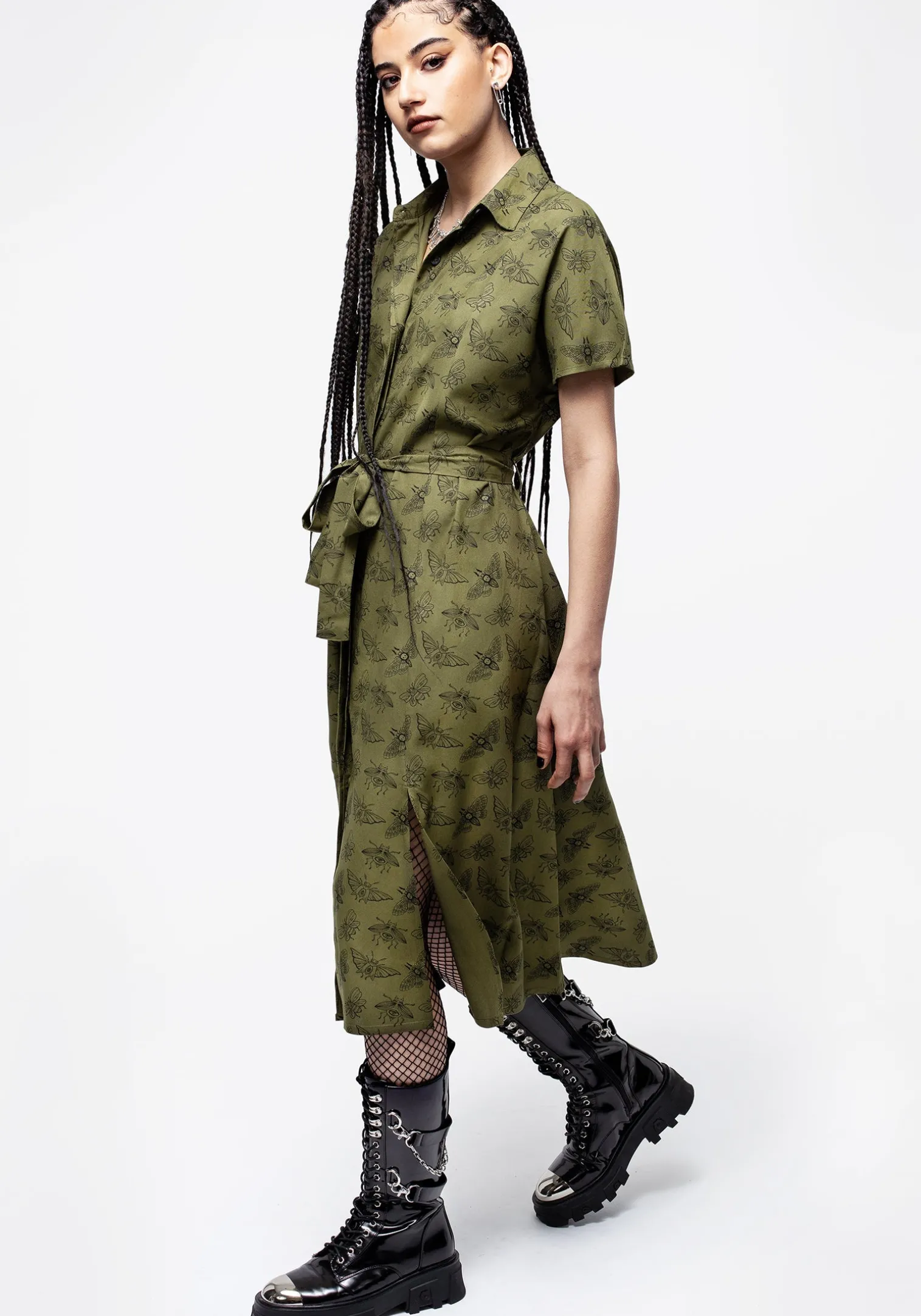 Mortmoth Print Midi Shirt Dress - Green