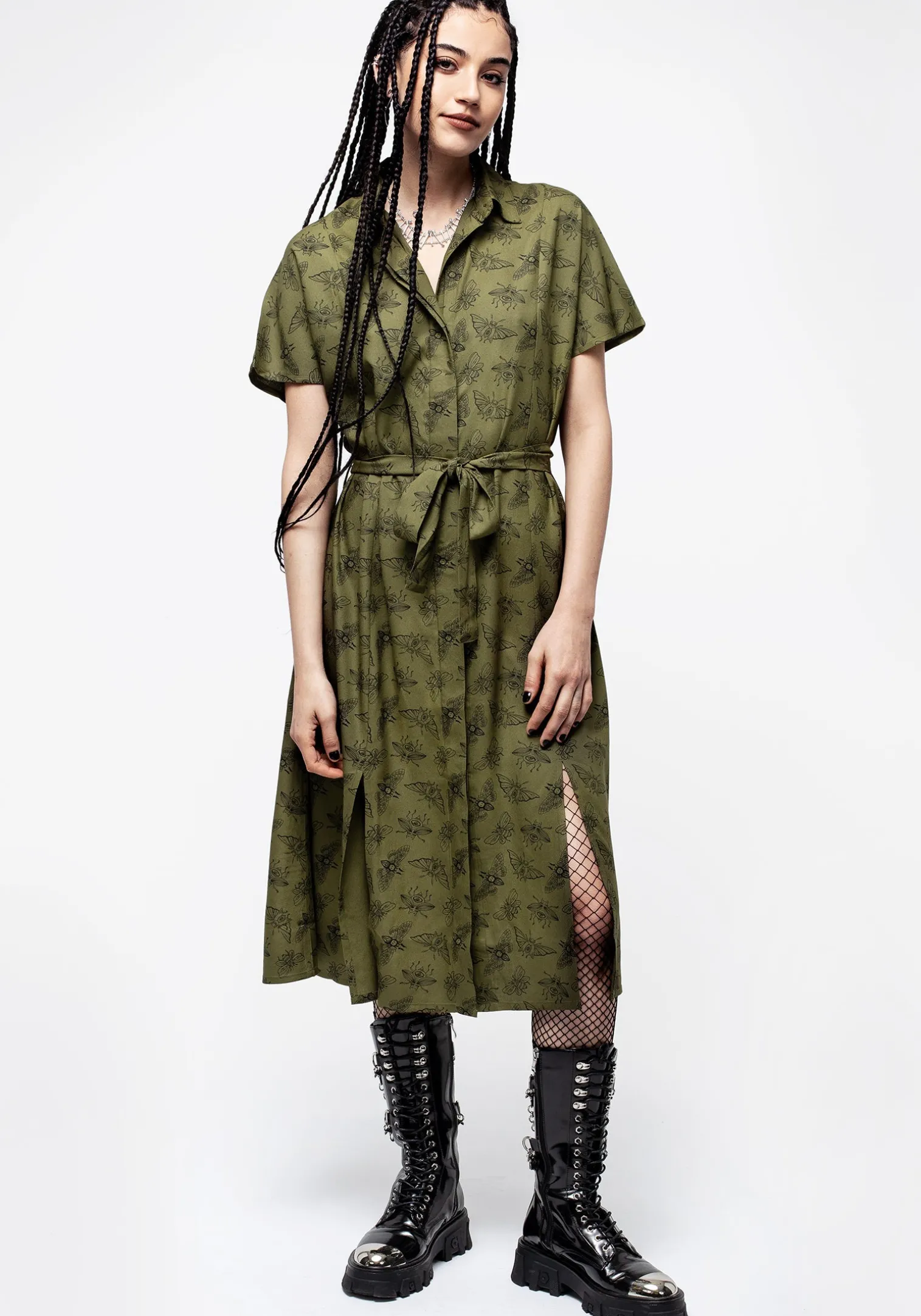 Mortmoth Print Midi Shirt Dress - Green