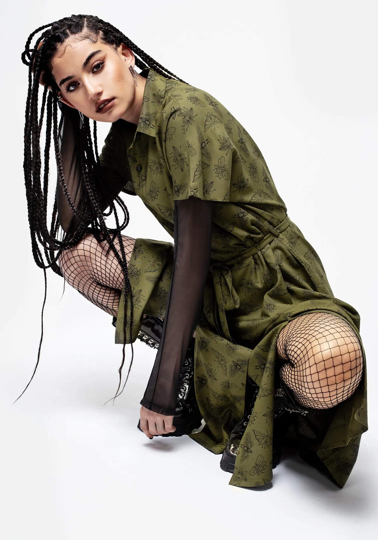 Mortmoth Print Midi Shirt Dress - Green