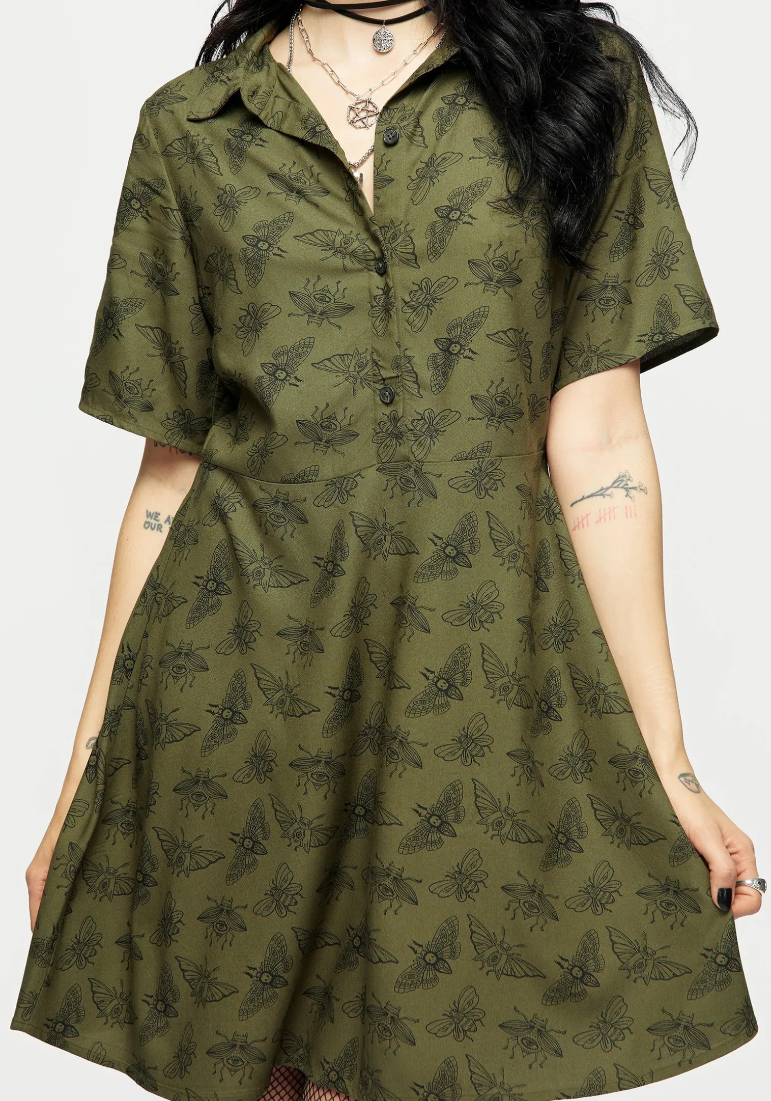 Mortmoth Print Mini Shirt Dress - Green