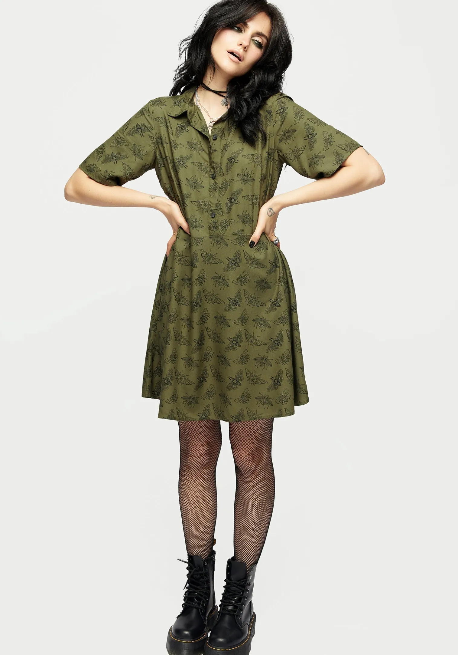 Mortmoth Print Mini Shirt Dress - Green