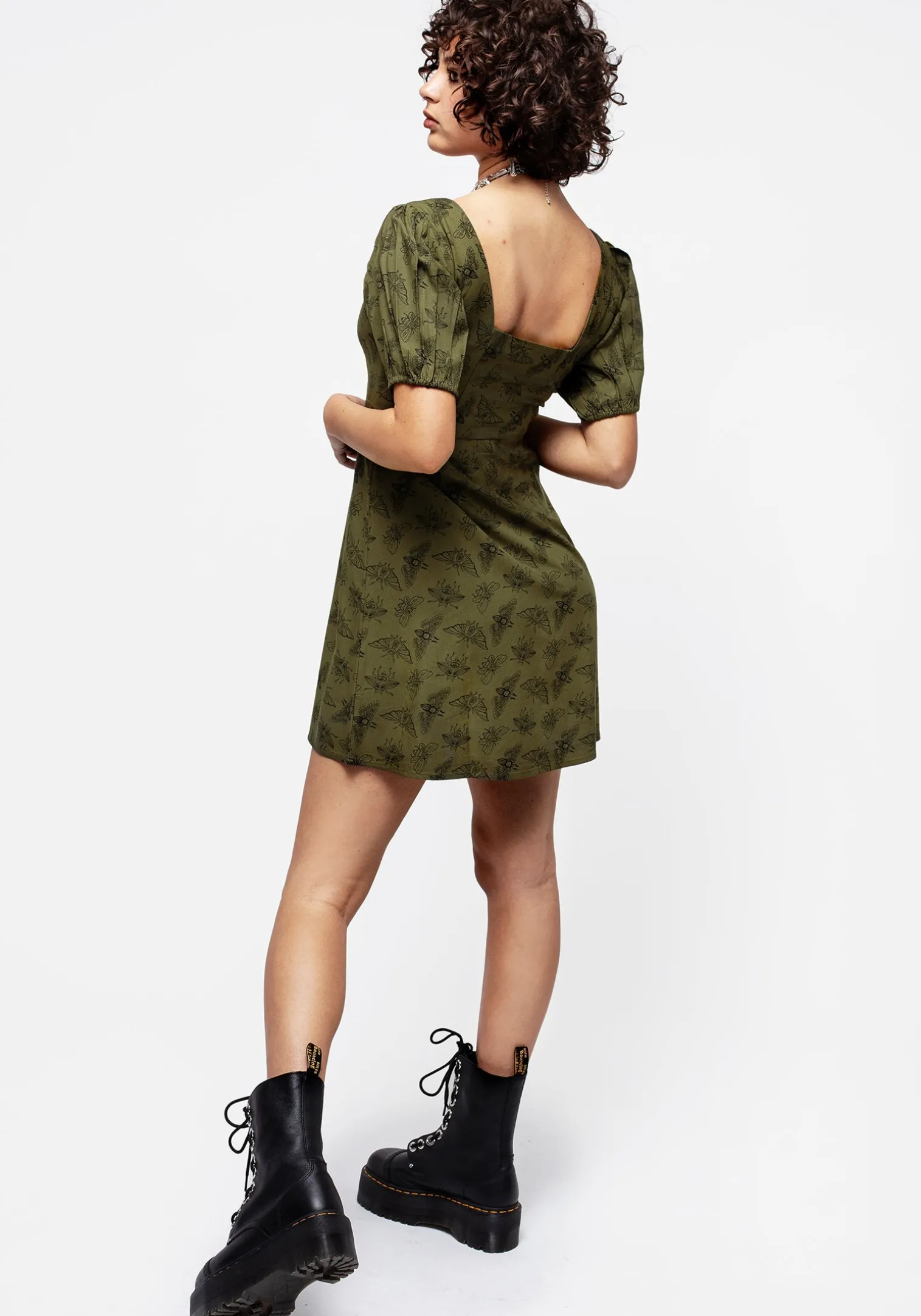 Mortmoth Print Puff Sleeve Mini Dress - Green
