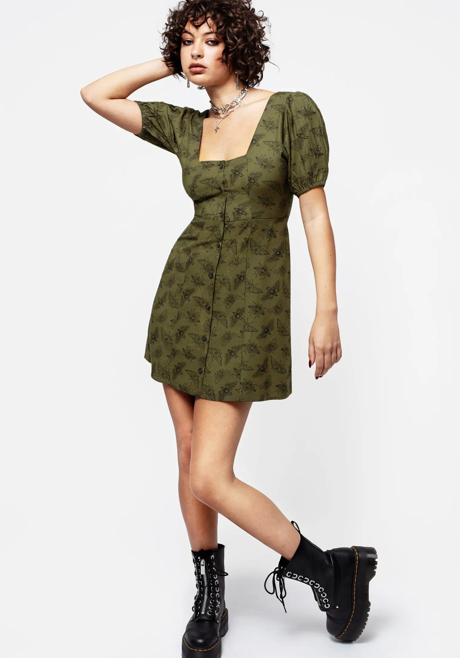 Mortmoth Print Puff Sleeve Mini Dress - Green