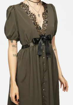 Mortuary Lace Button Up Midi Dress in Tea Leaf