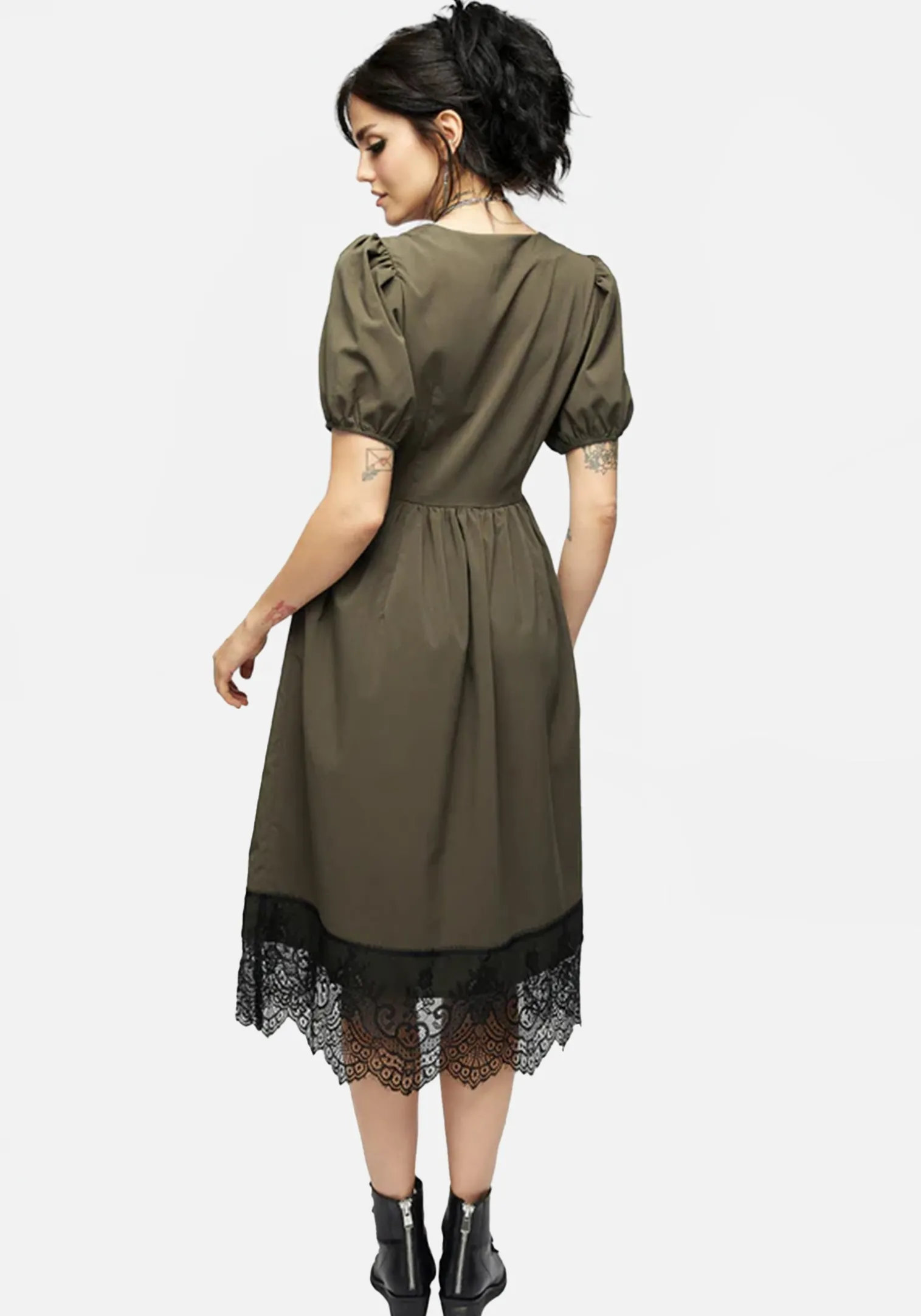 Mortuary Lace Button Up Midi Dress in Tea Leaf