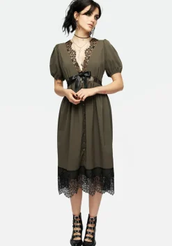 Mortuary Lace Button Up Midi Dress in Tea Leaf