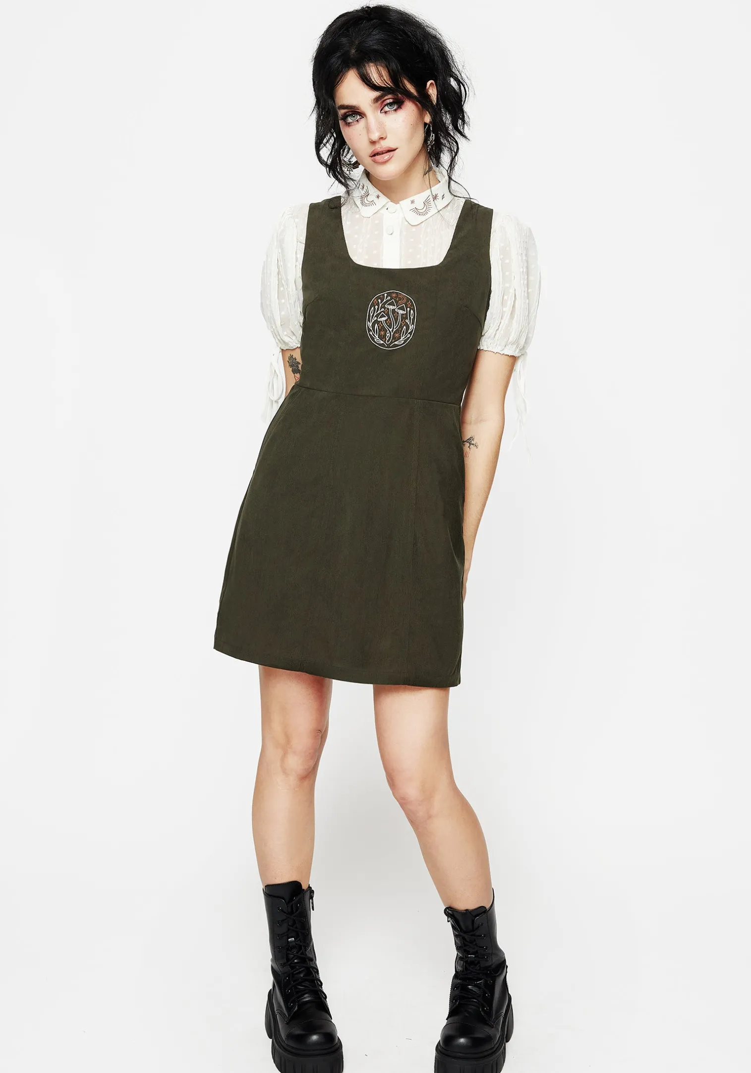 Mycelium Embroidered Mini Pinafore Dress