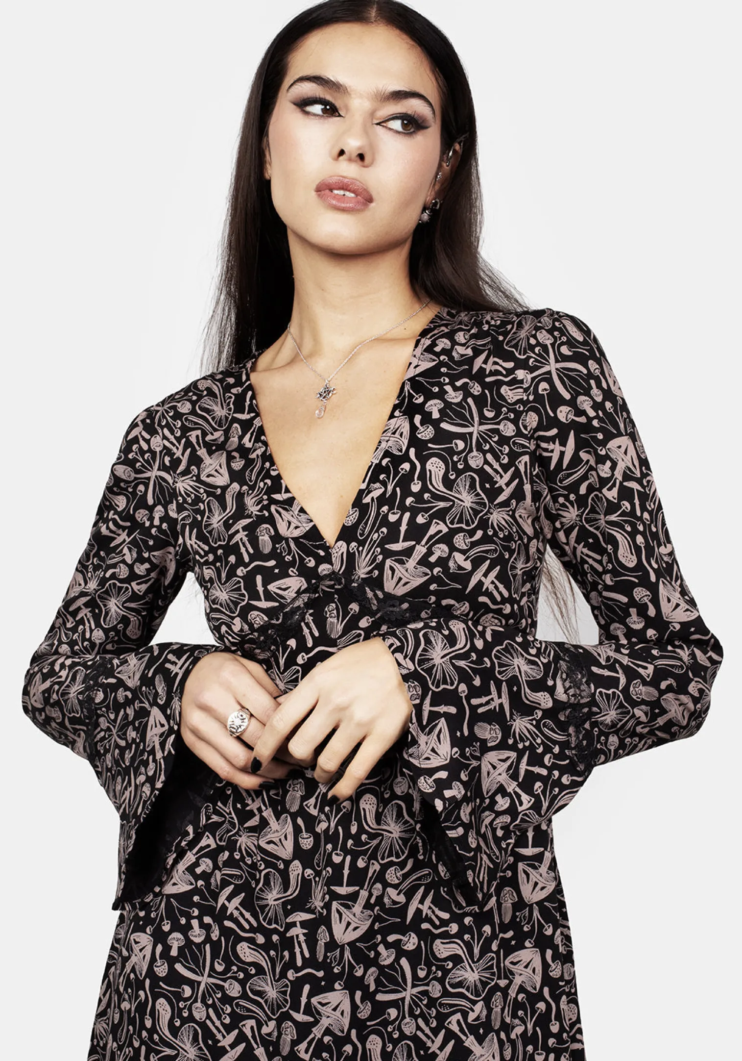 Mycophile Mushroom Print Mini Ruffle Dress