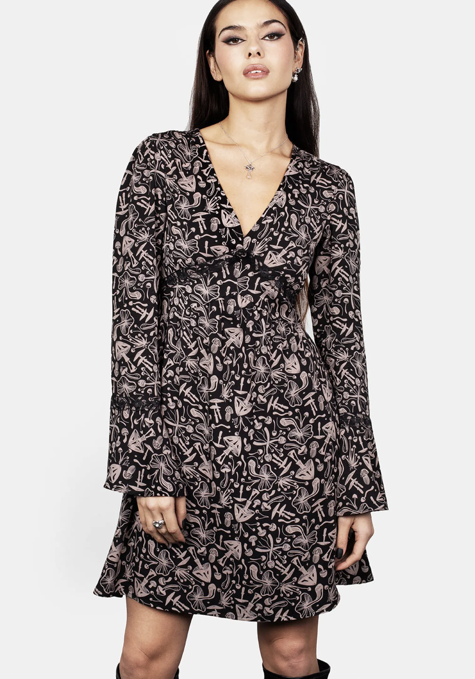 Mycophile Mushroom Print Mini Ruffle Dress