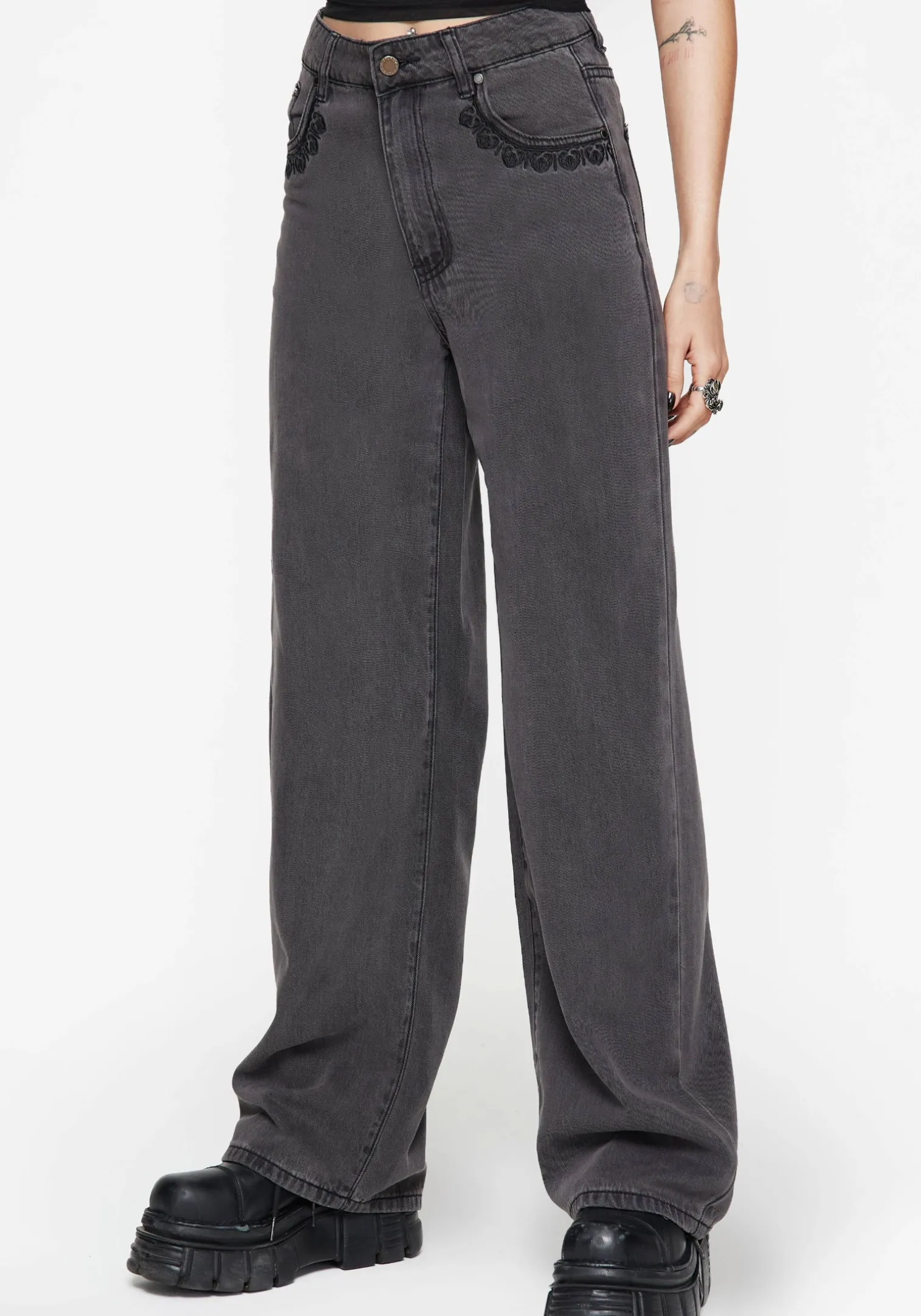 Nara Wide Leg Distressed Gothic Embroidery Jeans