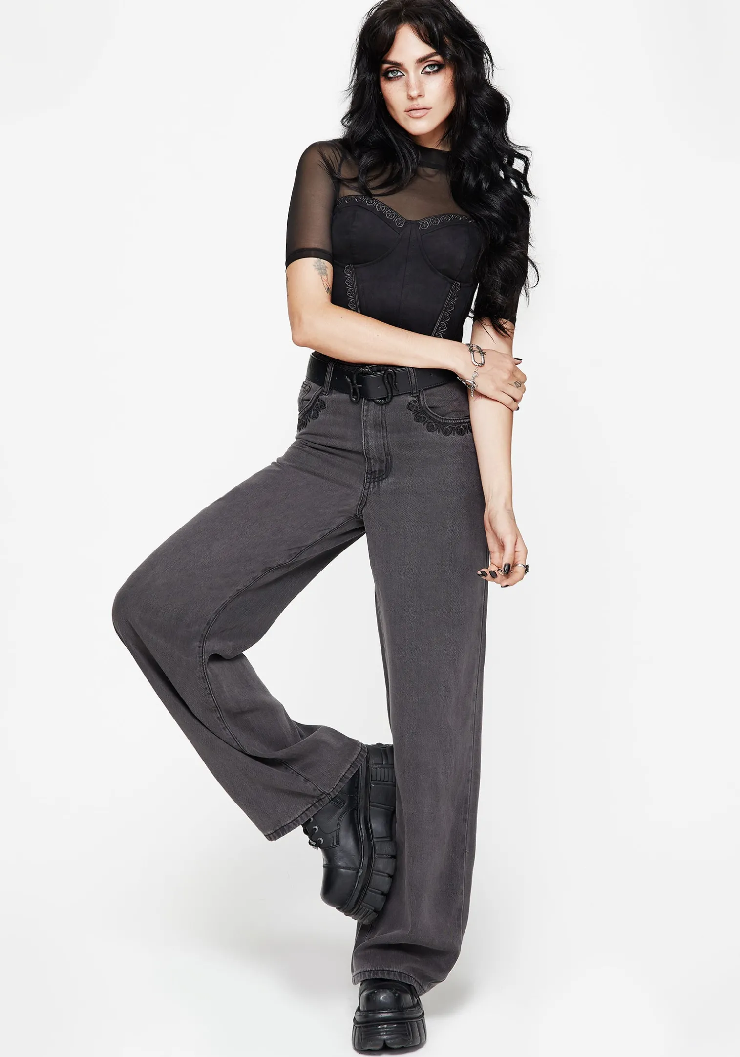 Nara Wide Leg Distressed Gothic Embroidery Jeans