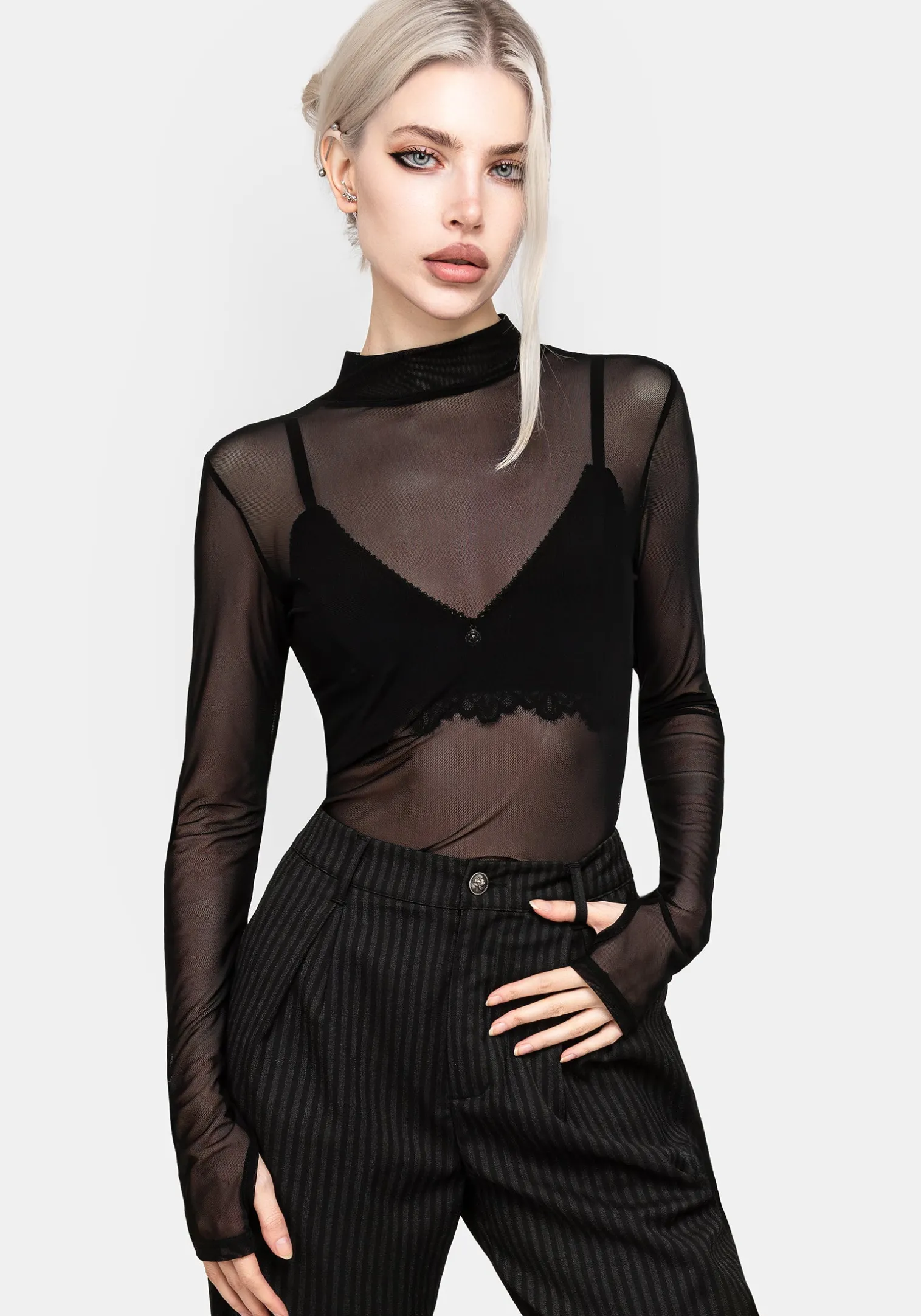 Necrosis High Neck Long Sleeve Mesh Top