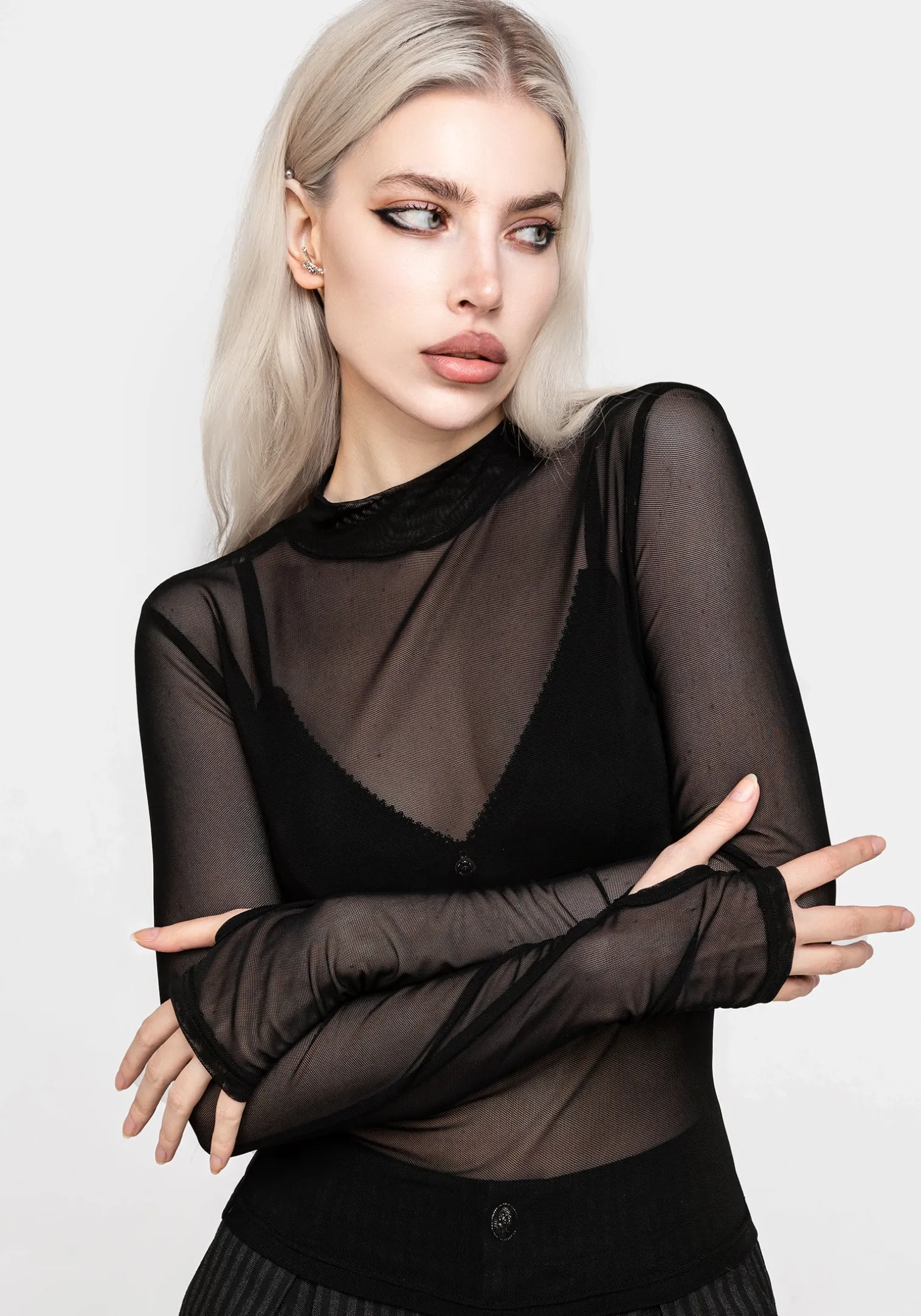 Necrosis High Neck Long Sleeve Mesh Top